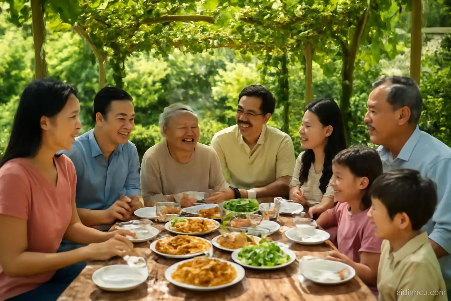 A large Vietnamese family of three generations sharing a long lunch table under a vine-covered pergola in a sunny garden, grandmother laughing, wide shot from slightly above, bright vivid colors, sunny