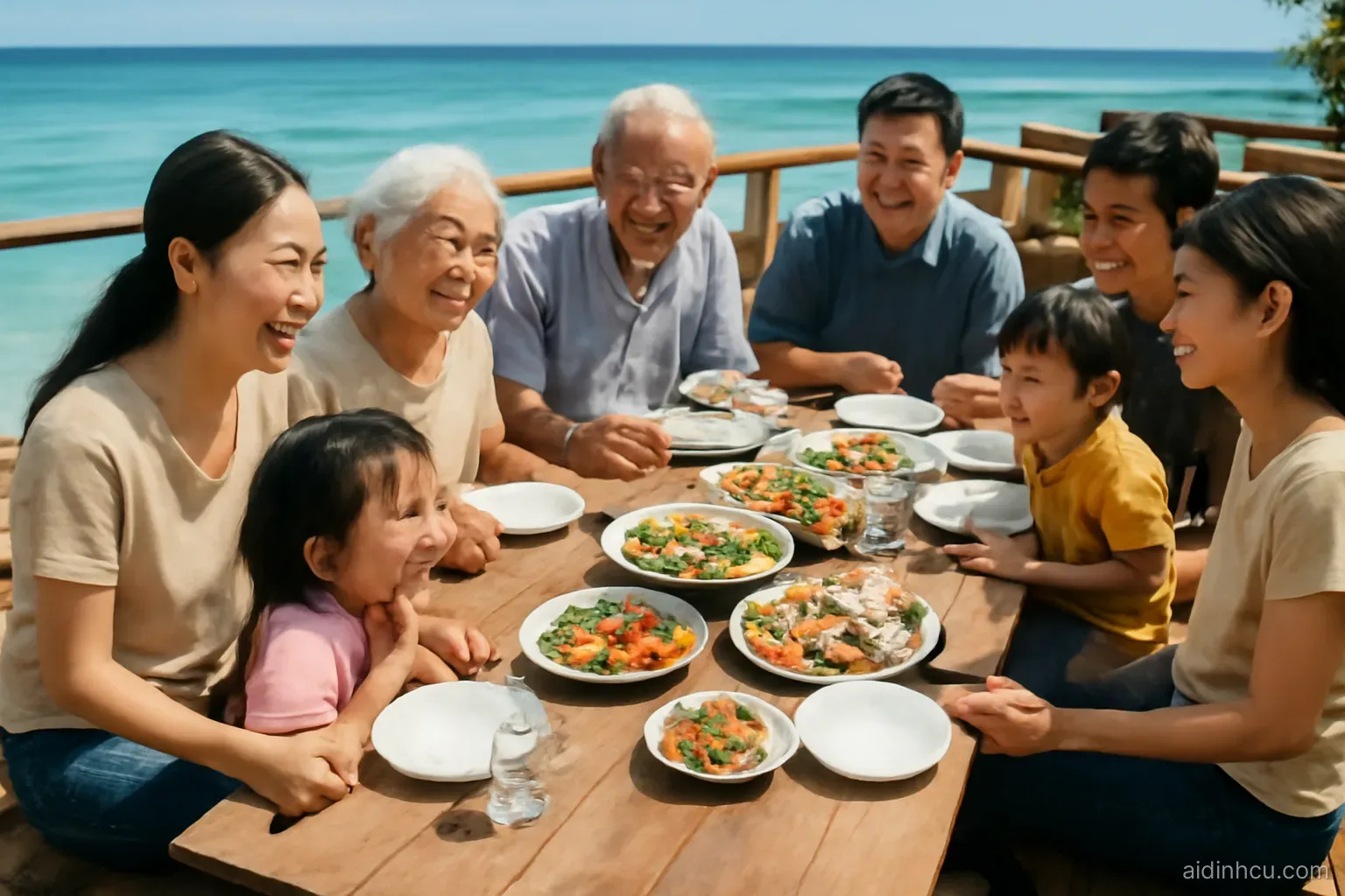A large multigenerational Asian family sharing a long lunch table on a wooden beach veranda by turquoise water, grandparents and toddlers laughing, high angle view, bright vivid colors, sunny