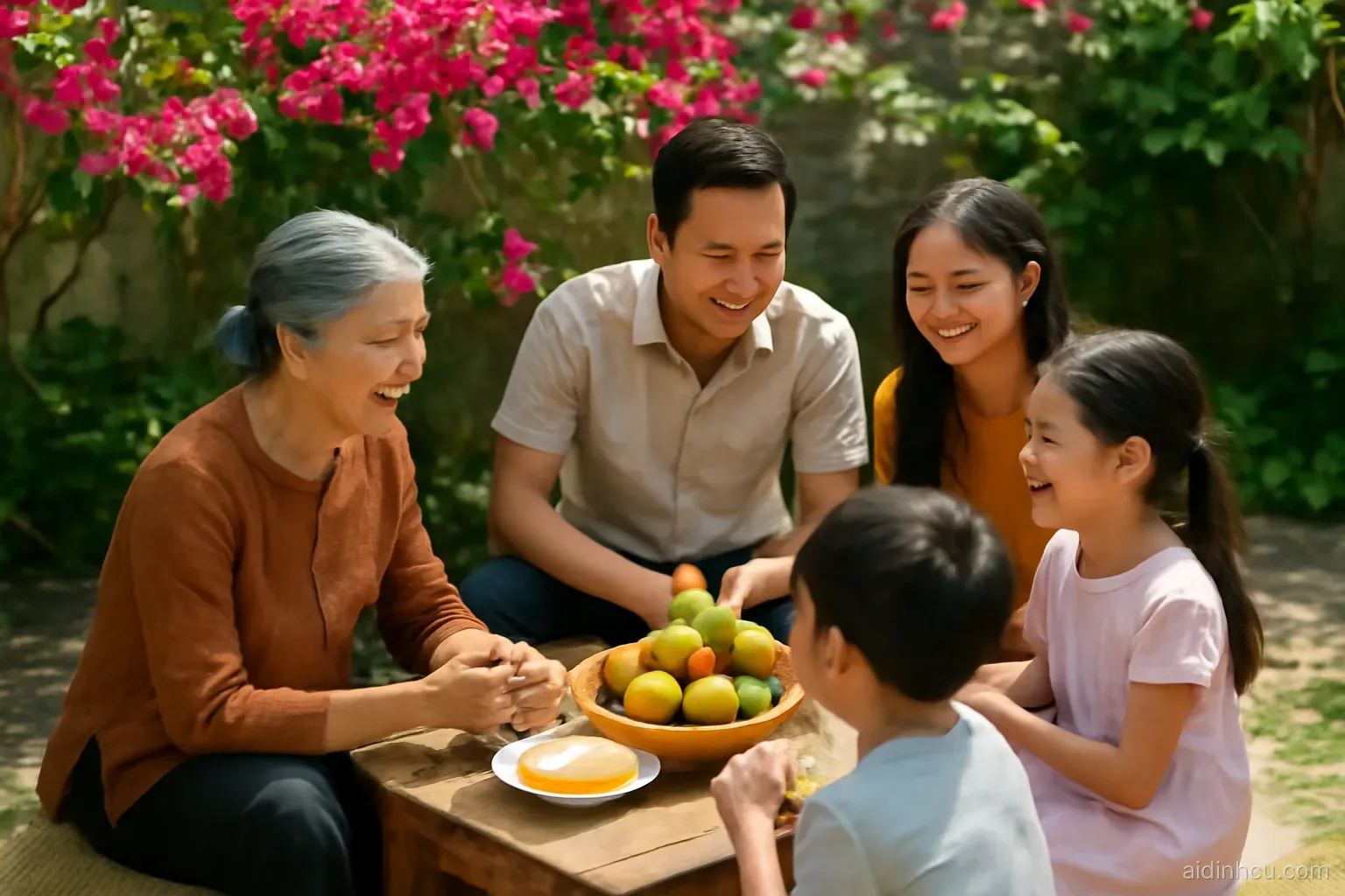 A Vietnamese grandmother, parents and two children sitting around a low wooden table in a sunlit courtyard garden with bougainvillea, sharing fruit and talking, overhead three-quarter view, bright vivid colors, sunny
