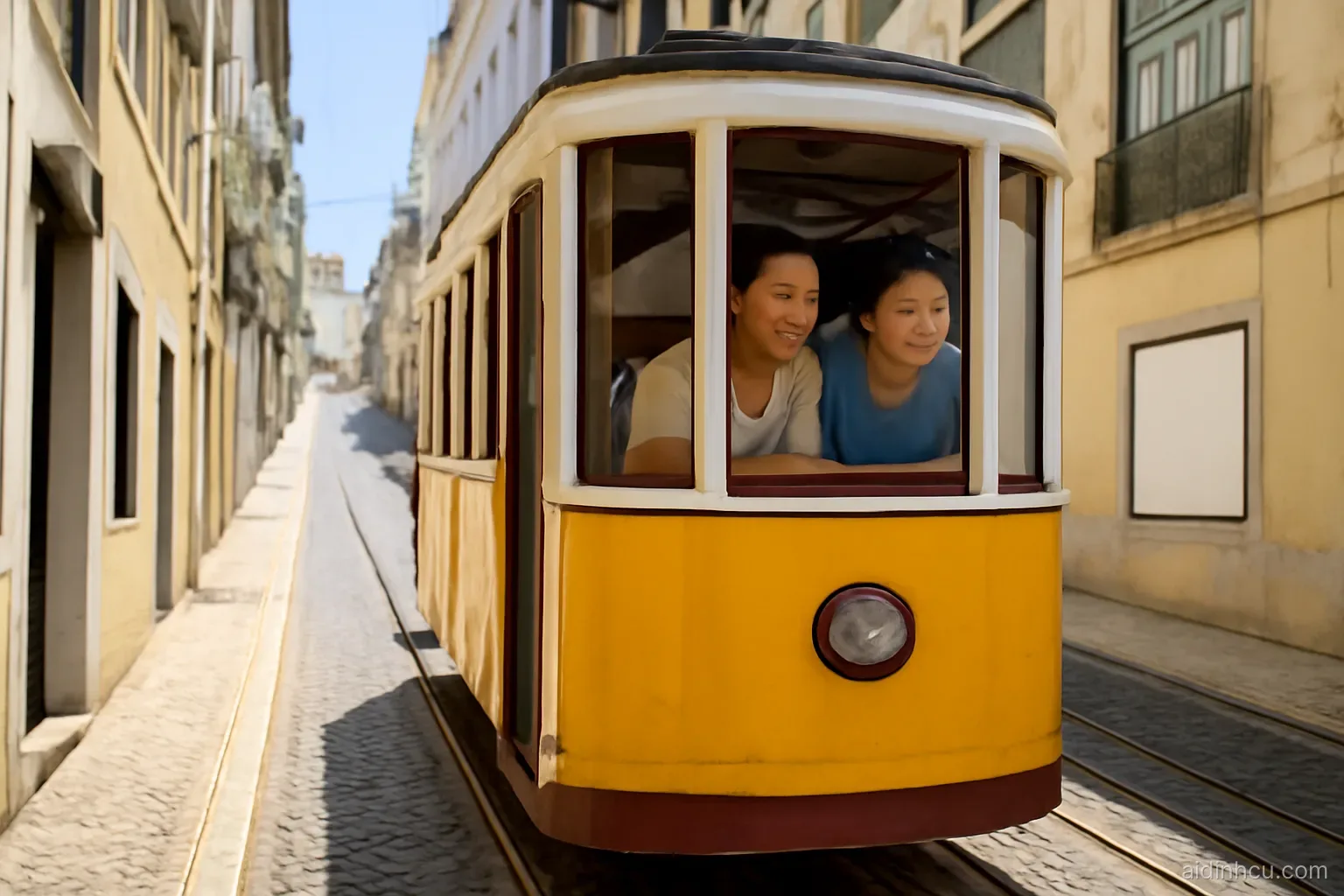 Vietnamese father and teenage son riding a vintage yellow tram up a steep cobblestone Lisbon street, seen from the sidewalk, bright vivid colors, sunny