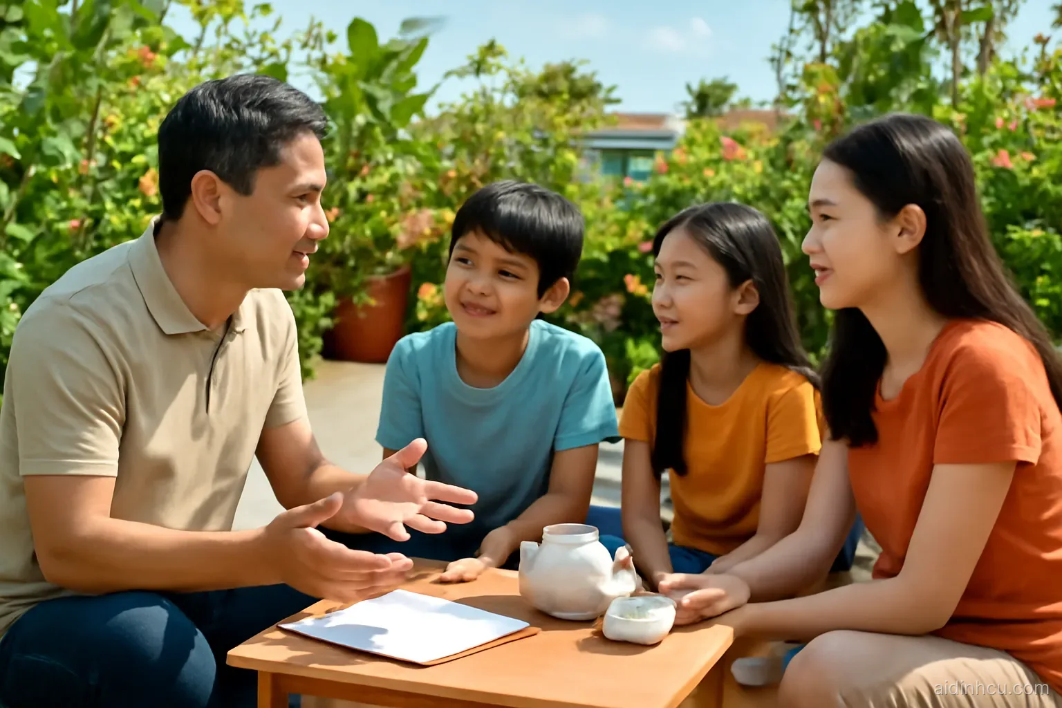 A Vietnamese family around a low table in a rooftop garden full of potted plants, father talking with open hands, children listening, eye-level, bright vivid colors, sunny