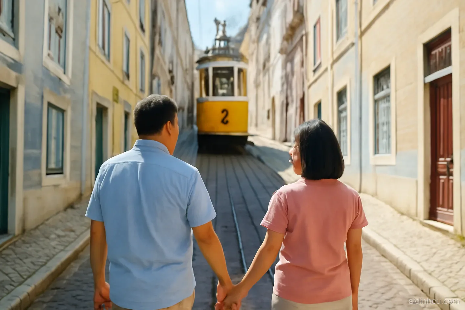 A middle-aged Asian couple standing hand in hand at the bottom of a steep sunny cobblestone street with pastel tiled facades and a yellow tram climbing uphill, wide shot from behind, bright vivid colors, sunny