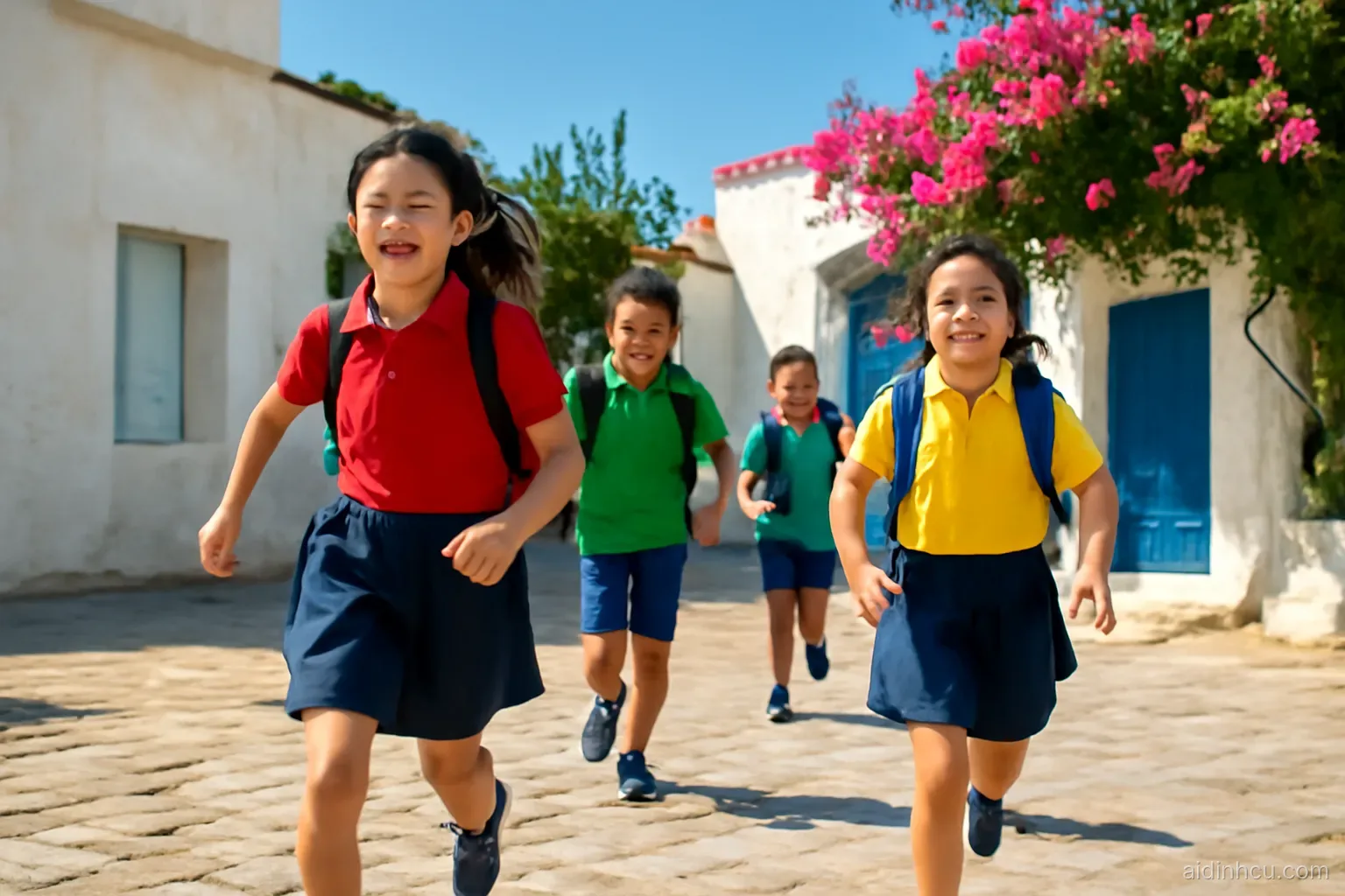 Asian schoolchildren in colorful uniforms running across a sunny cobblestone schoolyard in a Mediterranean town, whitewashed walls and bougainvillea, low angle shot, bright vivid colors, sunny