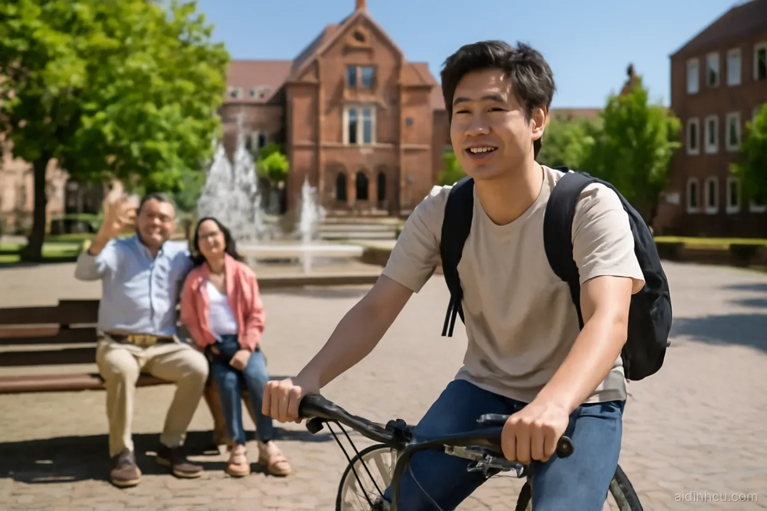 A young Asian university student with a backpack cycling across a sunny European campus square with fountains, parents waving from a bench in the background, medium shot, bright vivid colors, sunny