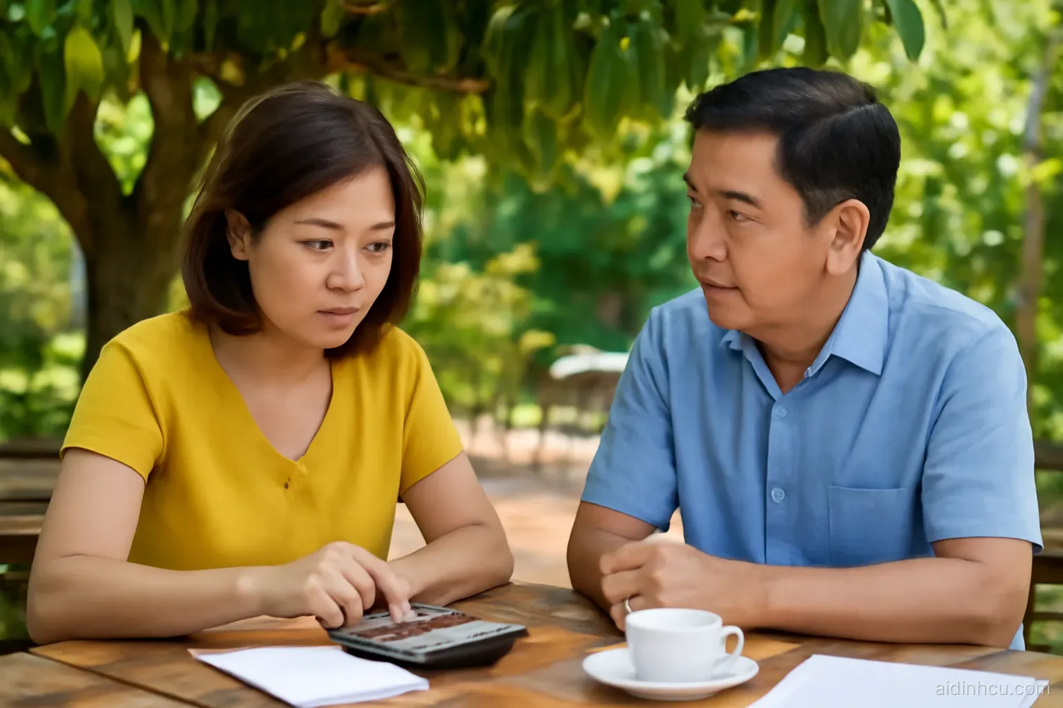 A middle-aged Vietnamese couple sitting at a garden cafe table under a mango tree, the wife thoughtfully tapping a calculator while the husband listens, side view, bright vivid colors, sunny