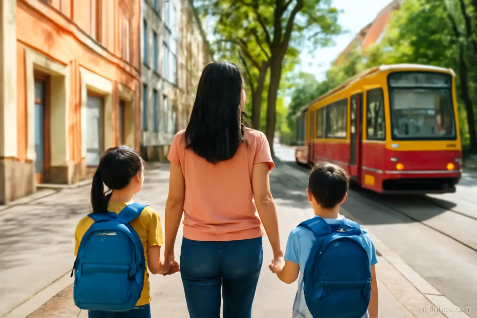 A Vietnamese mother walking her two school-age children along a tree-lined European street with colorful facades and a tram passing, children with backpacks, shot from behind at child height, bright vivid colors, sunny