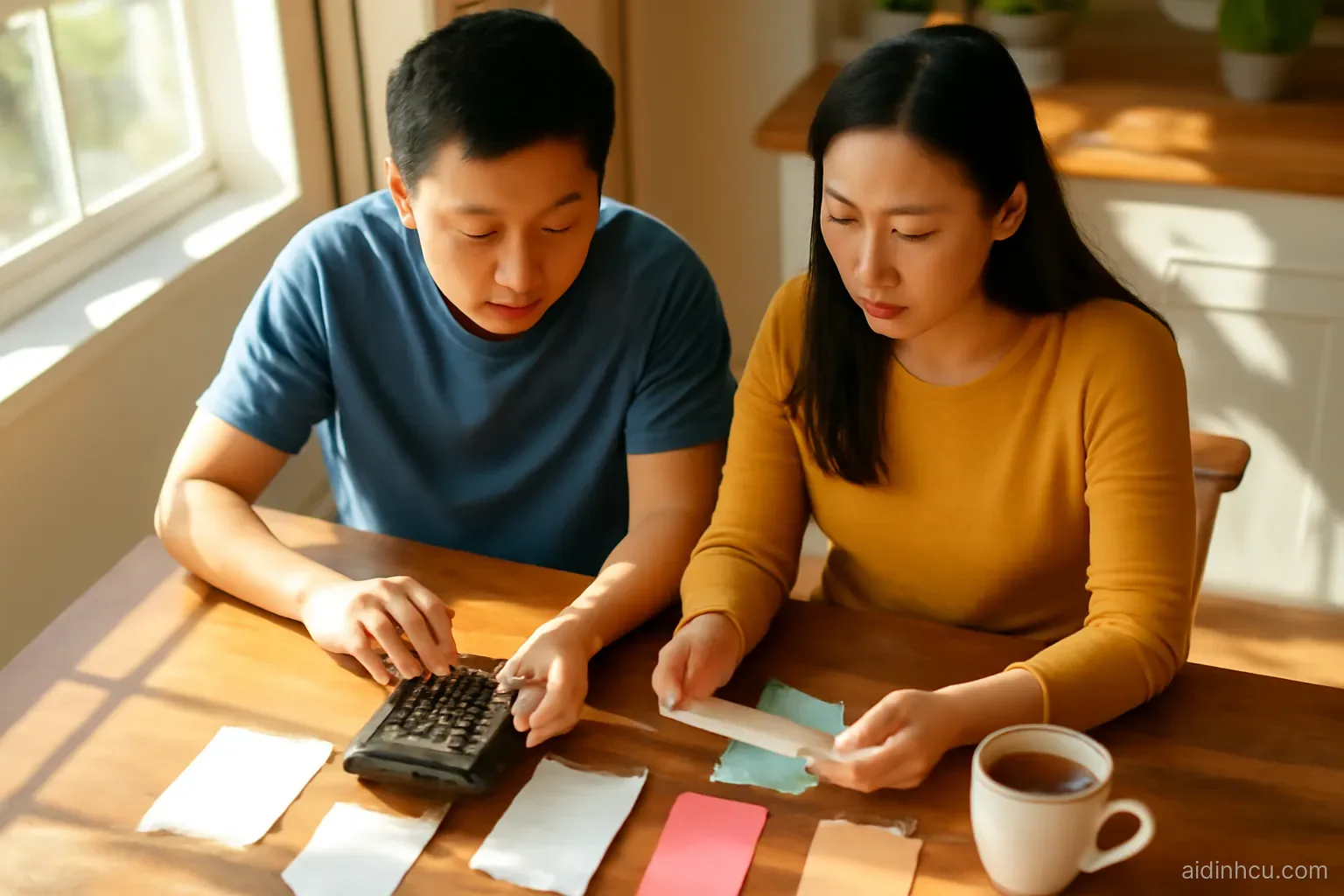 An Asian couple at a wooden kitchen table by a sunny window, sorting colorful blank receipts with a calculator and tea, overhead angle, bright vivid colors, sunny