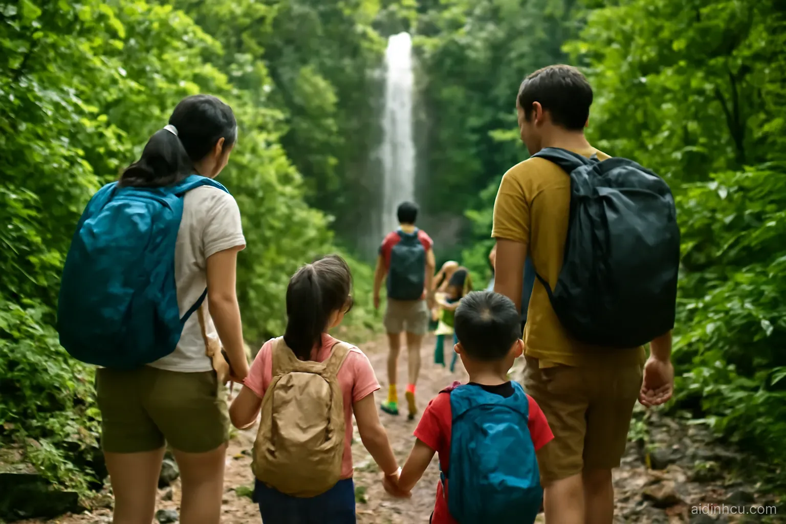 Two Asian families with young children hiking along a wet rocky trail toward a tall waterfall in a lush green rainforest, seen from behind at child height, bright vivid colors, sunny