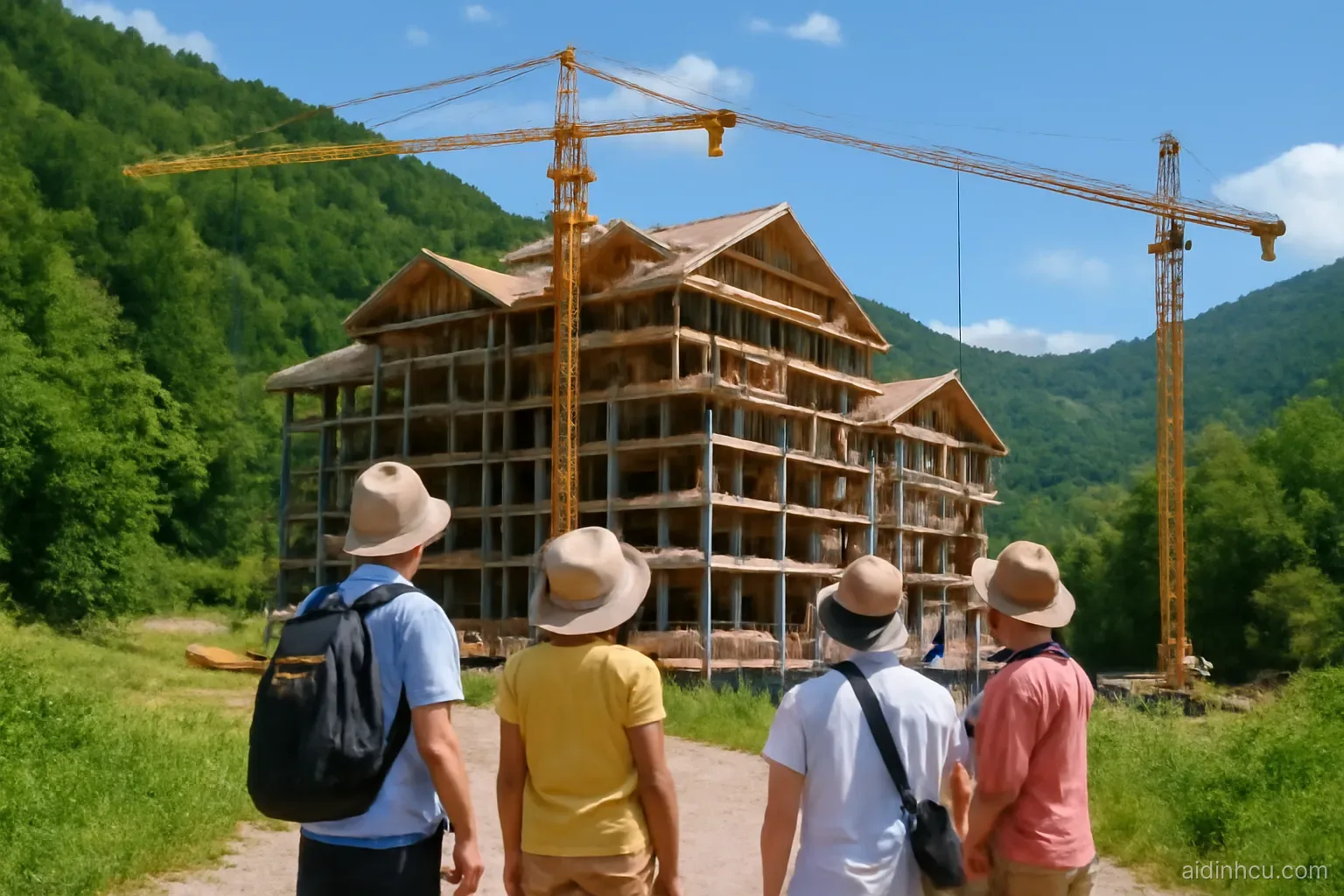 A half-finished mountain resort building with construction cranes against green forested hills in summer, a small group of Asian visitors in sun hats looking up at it from a gravel road, wide shot, bright vivid colors, sunny