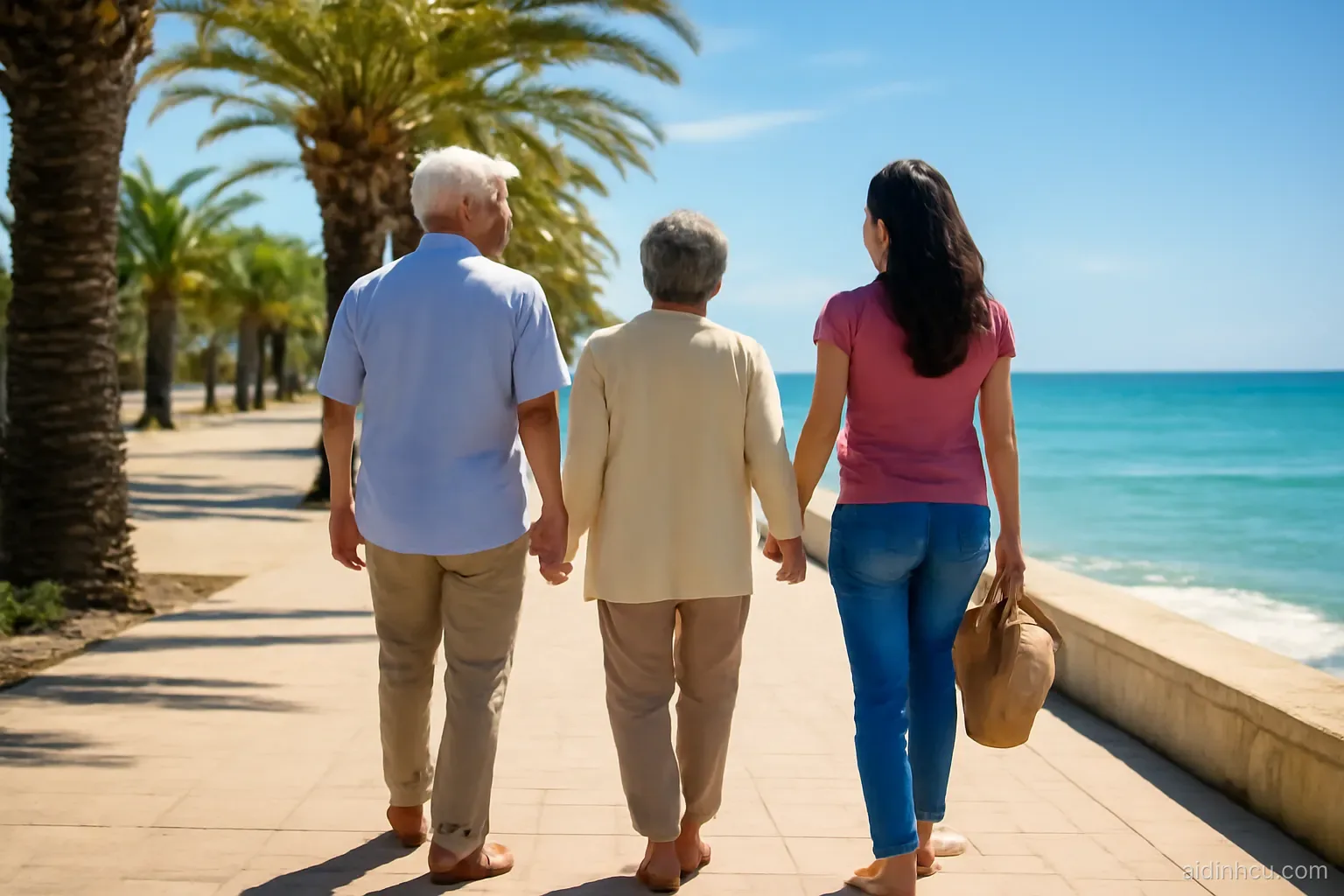 An elderly Asian couple walking hand in hand along a sunny seaside promenade with palm trees and turquoise water, their adult daughter carrying a sun hat beside them, wide shot from behind, bright vivid colors, sunny
