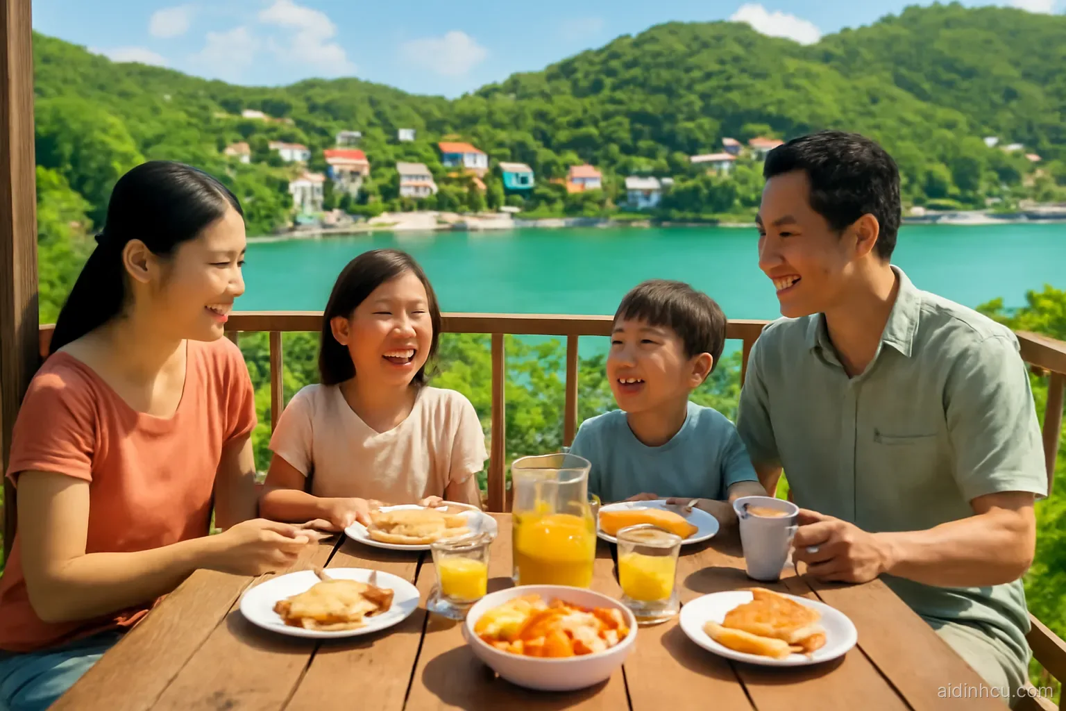 A Vietnamese family of four having breakfast on a wooden veranda overlooking a turquoise Caribbean bay with colorful houses on green hills, children laughing, wide angle, bright vivid colors, sunny