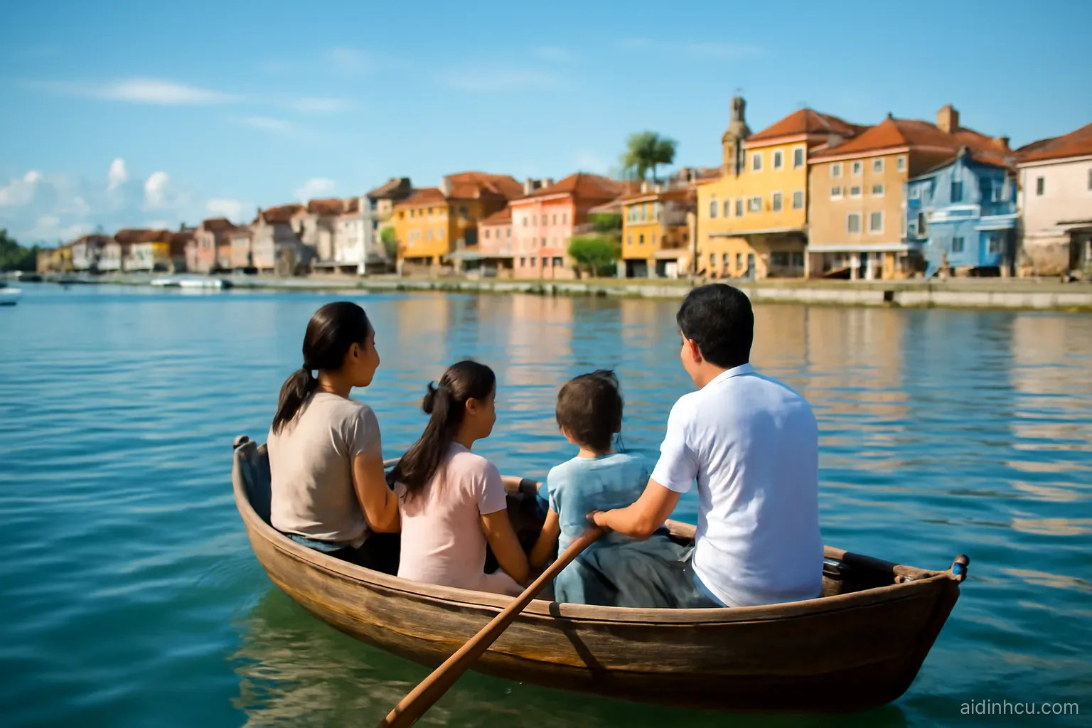 A small wooden boat carrying an Asian family across a calm blue river toward a sunlit harbor town with colorful houses, wide shot from the riverbank, bright vivid colors, sunny