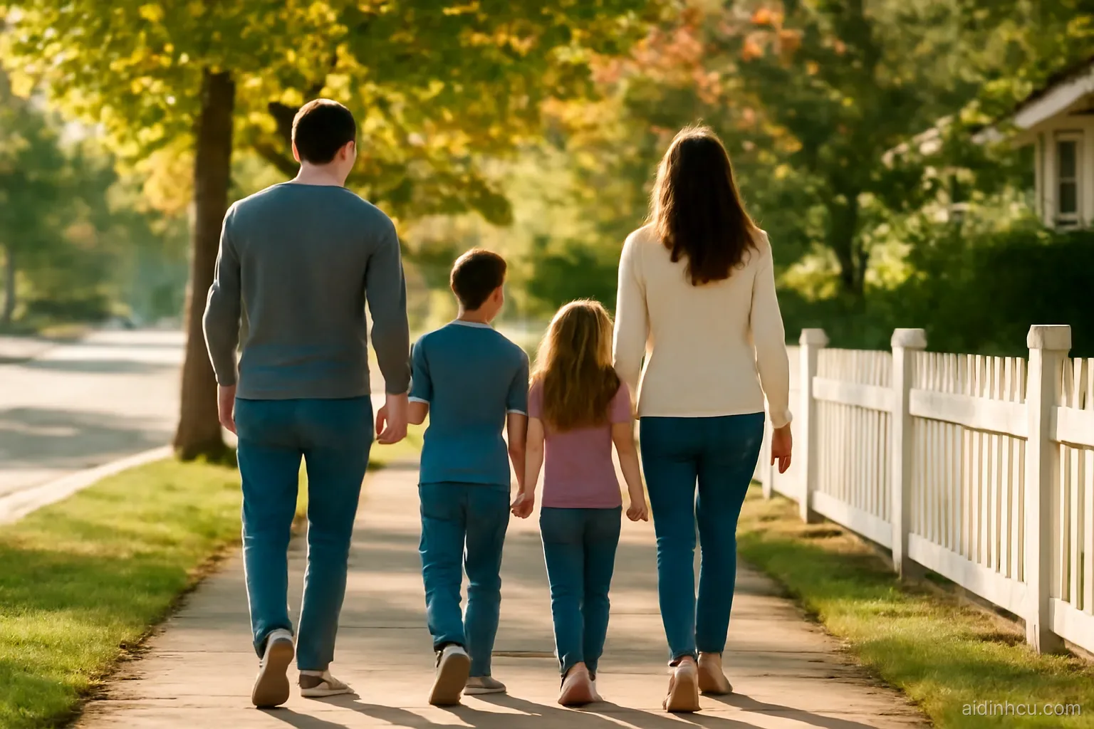 A family of four walking along a sunny suburban American street lined with maple trees and white picket fences, seen from behind at eye level, bright morning light