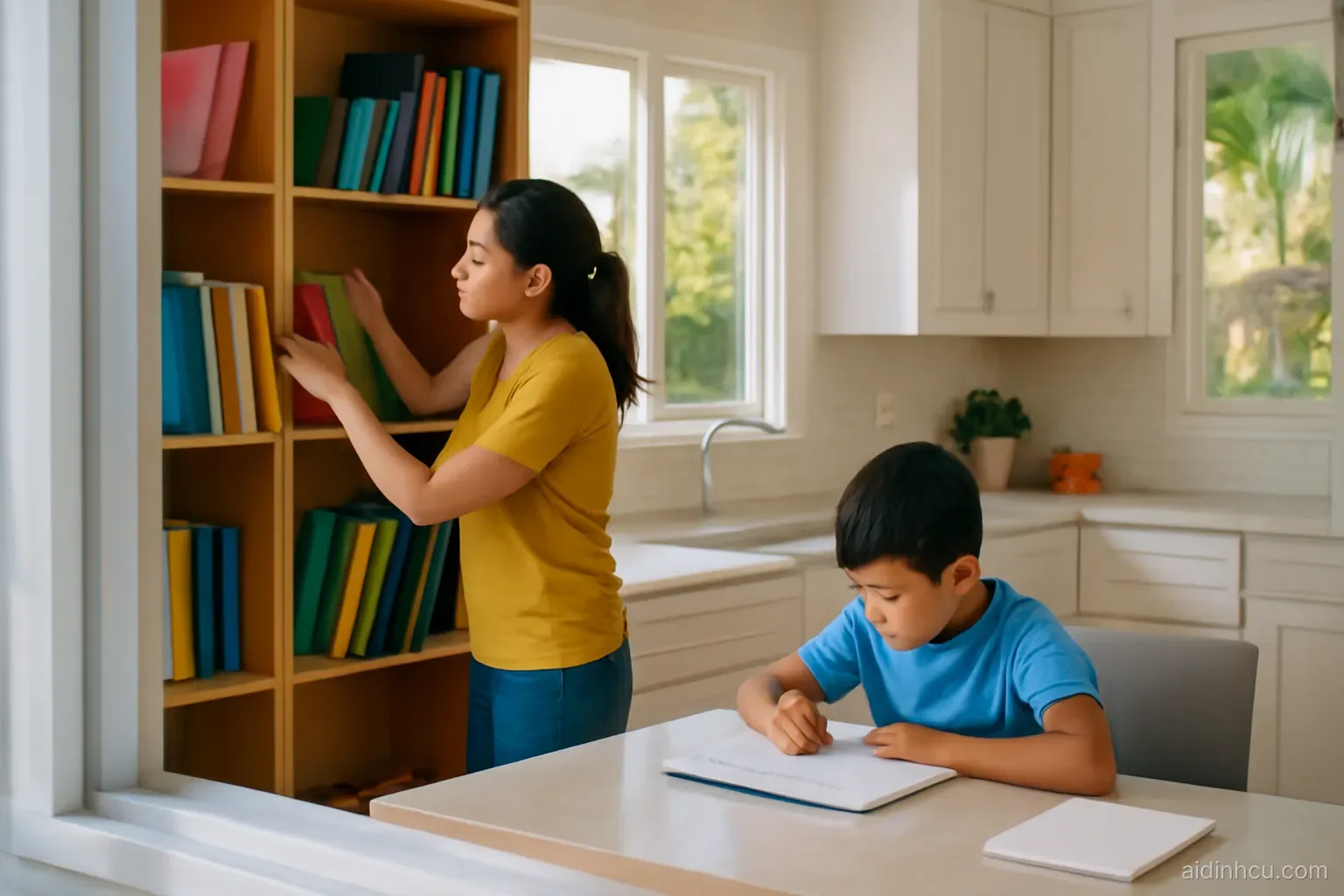 A Vietnamese mother sorting colorful folders into a wooden shelf in a bright California kitchen while her son does homework at the counter, wide shot through an open window, bright vivid colors, sunny
