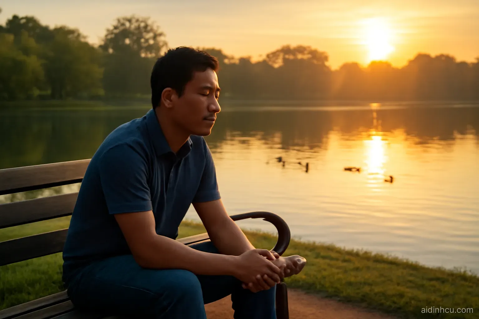 A Vietnamese man in a polo shirt sitting alone on a park bench beside a calm lake at sunrise, ducks on the water, looking thoughtful, wide shot from the side, bright vivid colors, sunny