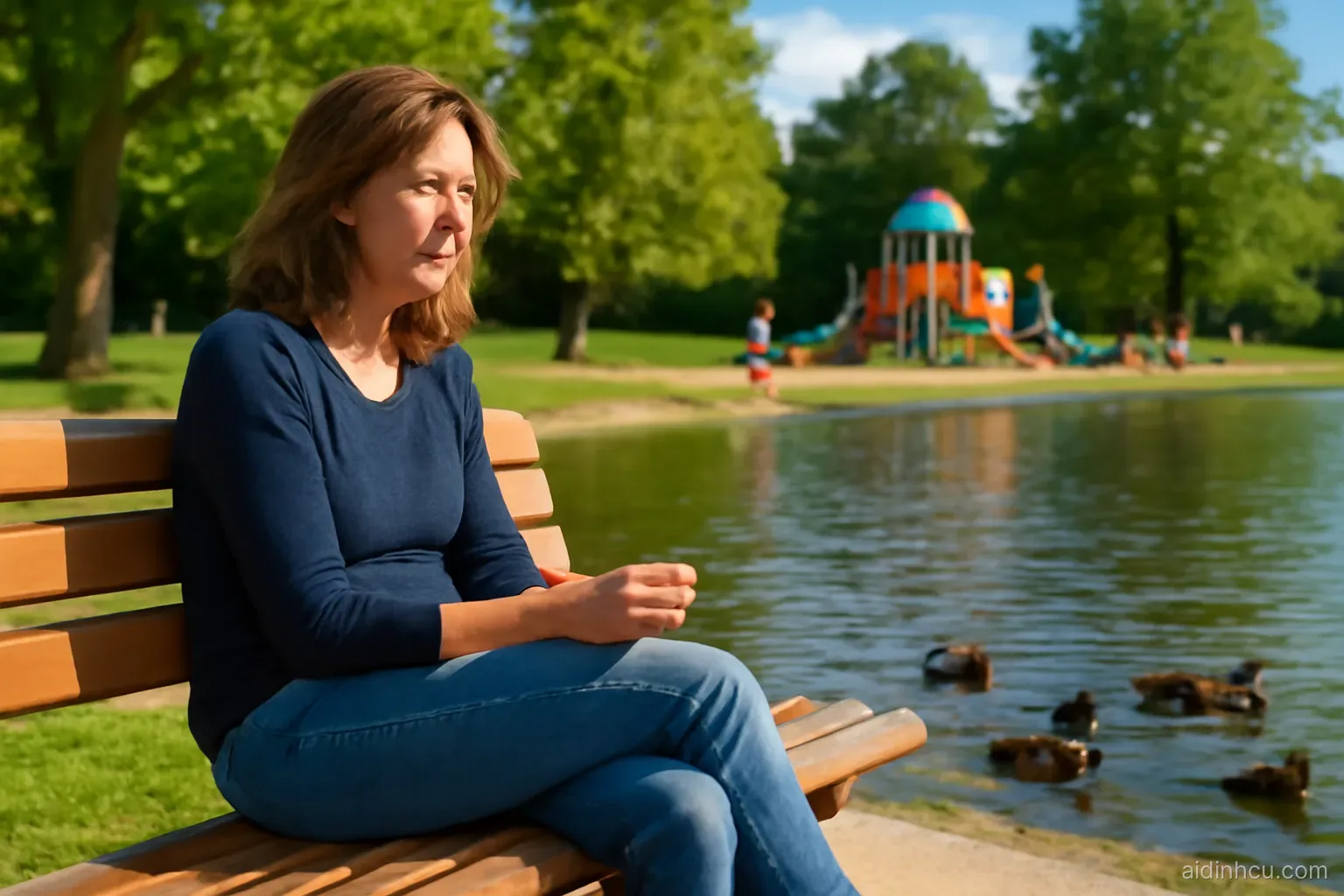 A woman in her forties sitting alone on a sunny park bench beside a lake feeding ducks, thoughtful expression, children playing on a playground in the distance, wide side shot, bright vivid colors, sunny