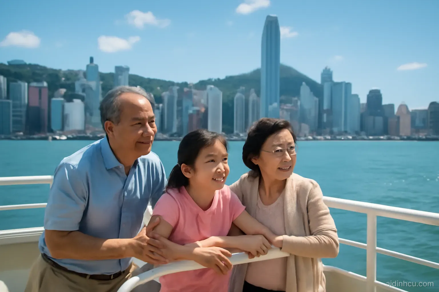 Three-generation Asian family at the rail of a ferry crossing Victoria Harbour, skyscrapers and green hills behind, deck view, bright vivid colors, sunny