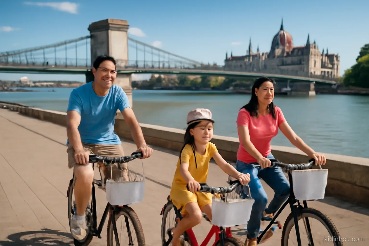 Asian family of three cycling along the Danube promenade in Budapest, grand stone bridge behind, wide shot from slightly above, bright vivid colors, sunny