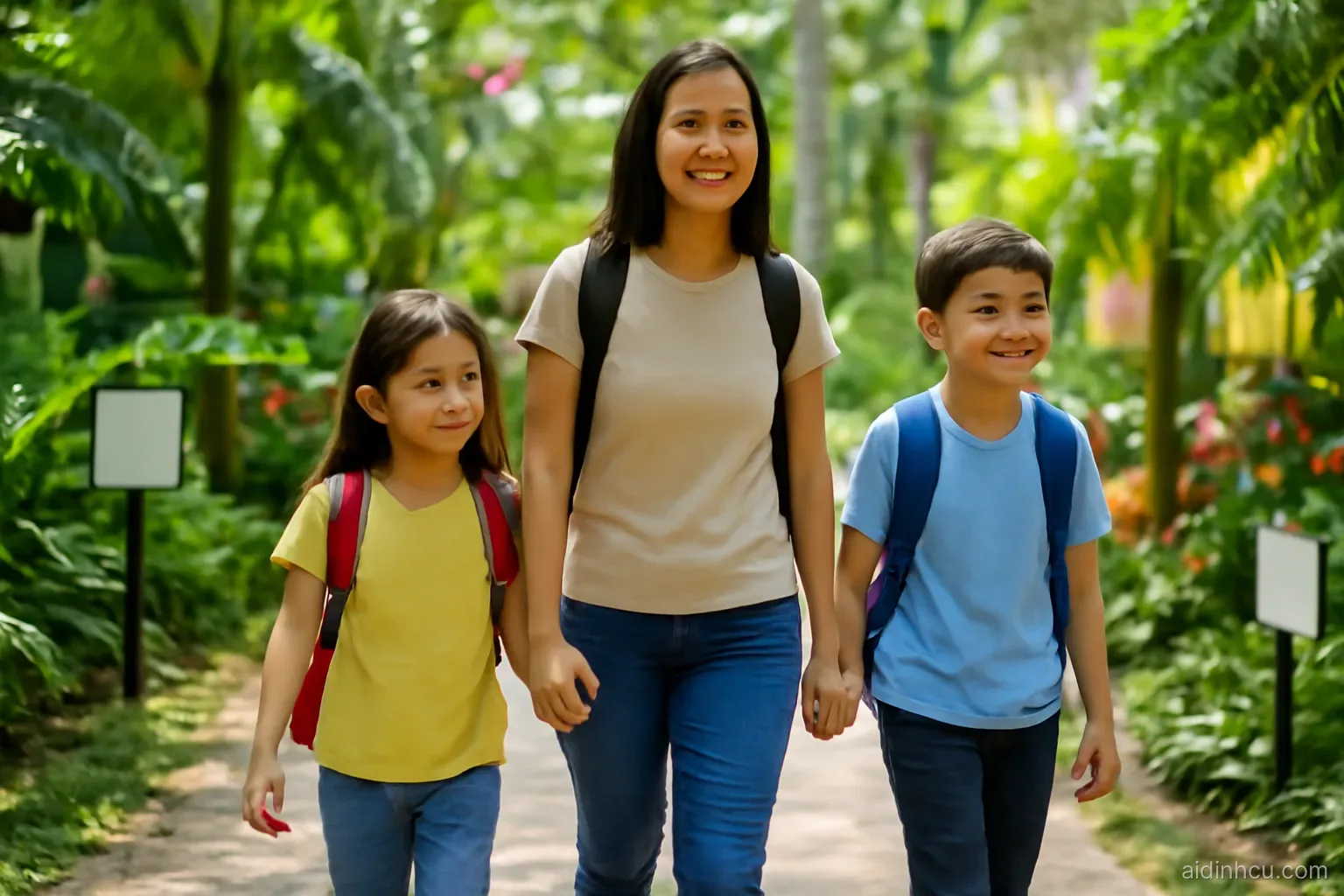 Vietnamese mother walking her two children with backpacks through a leafy tropical school garden in Penang, eye-level tracking shot, bright vivid colors, sunny