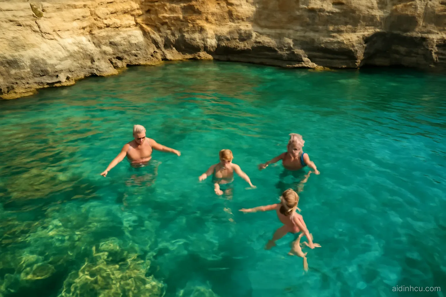 Grandparents and two grandchildren swimming in a turquoise rocky cove below golden limestone cliffs in Malta, aerial drone view, bright vivid colors, sunny