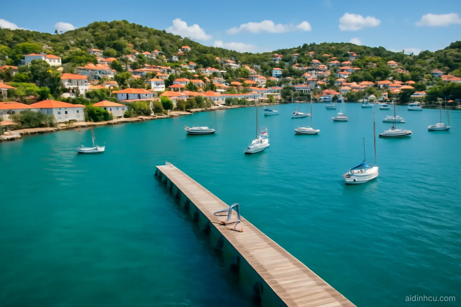 A wide aerial view of a sunny Caribbean harbor with sailboats, a long wooden pier and pastel houses climbing green hills, a few tiny people walking on the pier, bright vivid colors, sunny