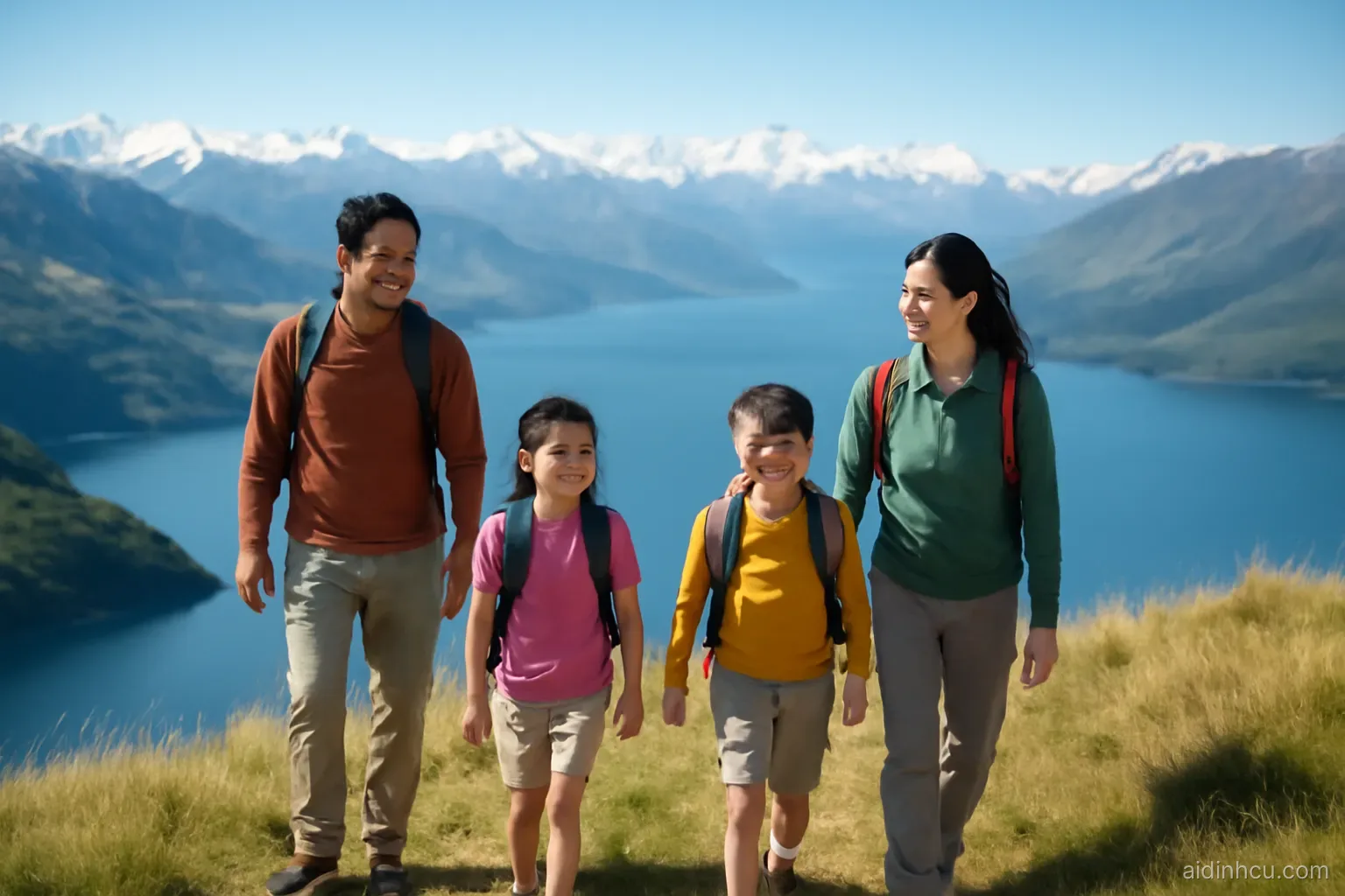 Asian family of four hiking a grassy ridge above a deep blue alpine lake near Queenstown, snowy peaks far away, wide shot, bright vivid colors, sunny