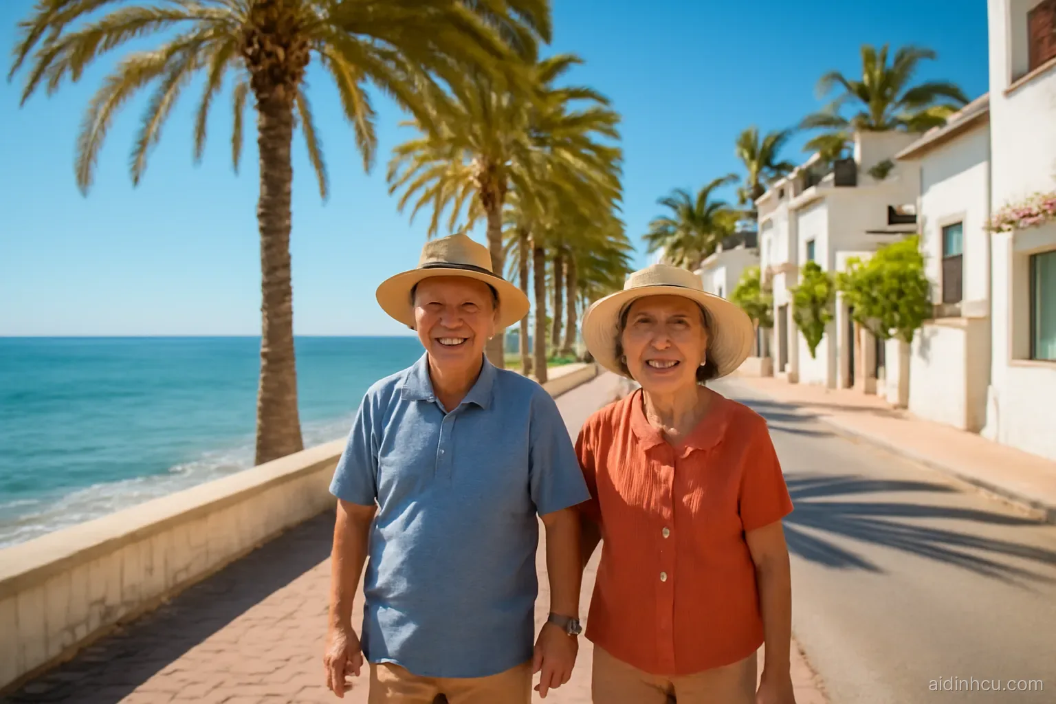 An older Vietnamese couple in sun hats strolling hand in hand along a sunny Mediterranean seaside promenade with palm trees and white-washed houses, wide shot from slightly above, bright vivid colors, sunny