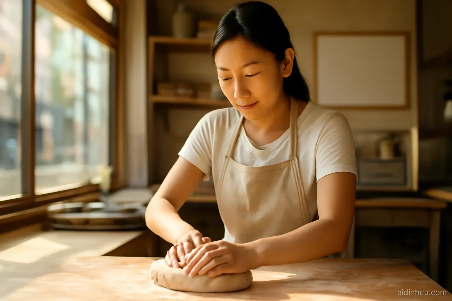 Vietnamese woman in an apron kneading dough in the open kitchen of her small Osaka bakery, morning light, medium shot, bright vivid colors, sunny
