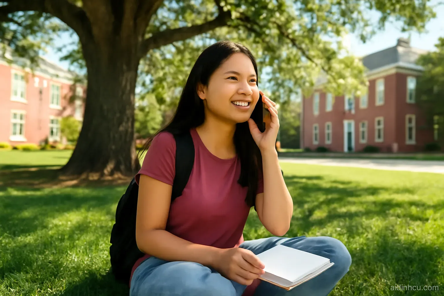 A young Vietnamese university student sitting on green grass under a large oak tree on an American college campus, talking on the phone with a smile, brick buildings behind, bright vivid colors, sunny