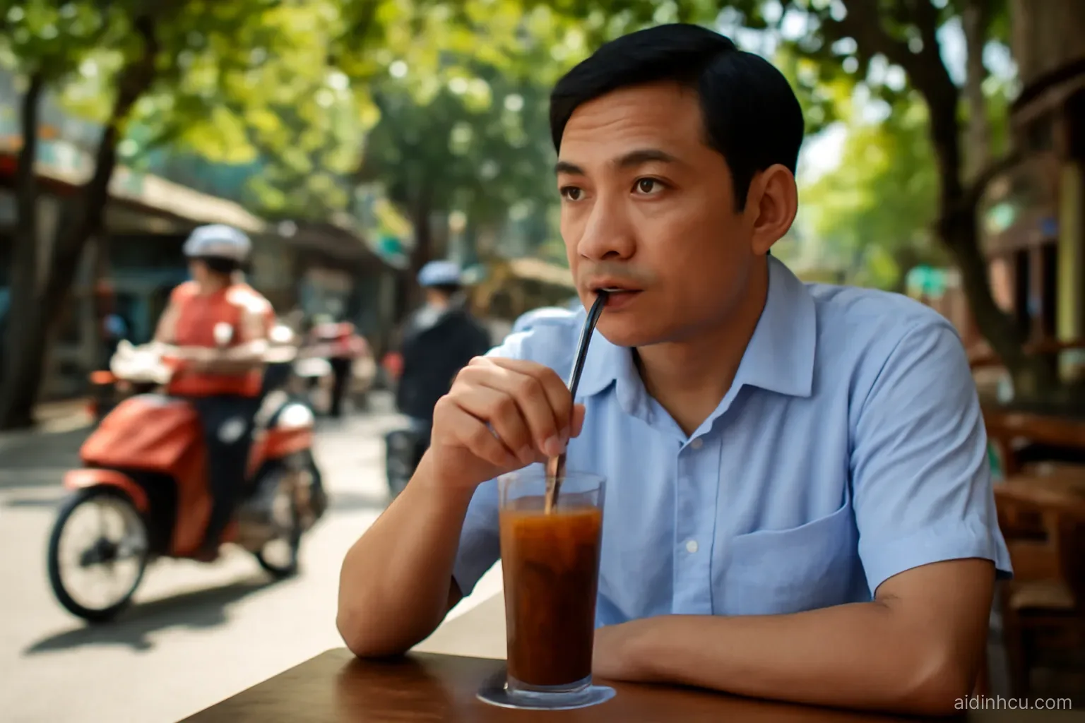 A Vietnamese businessman in a short-sleeve shirt drinking iced coffee at a bustling open-air street cafe with motorbikes passing and green trees overhead, eye-level candid shot, bright vivid colors, sunny