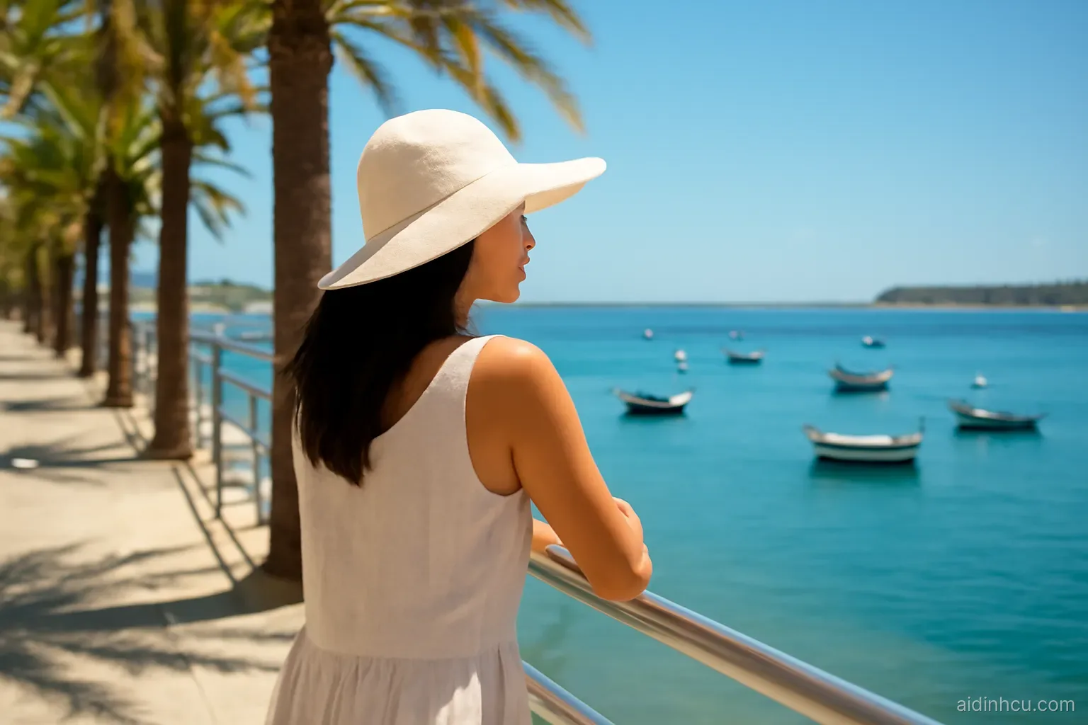 An Asian woman in a white sun hat leaning on a railing of a palm-lined Mediterranean seaside promenade, looking out at a calm turquoise sea and small fishing boats, seen from behind, bright vivid colors, sunny