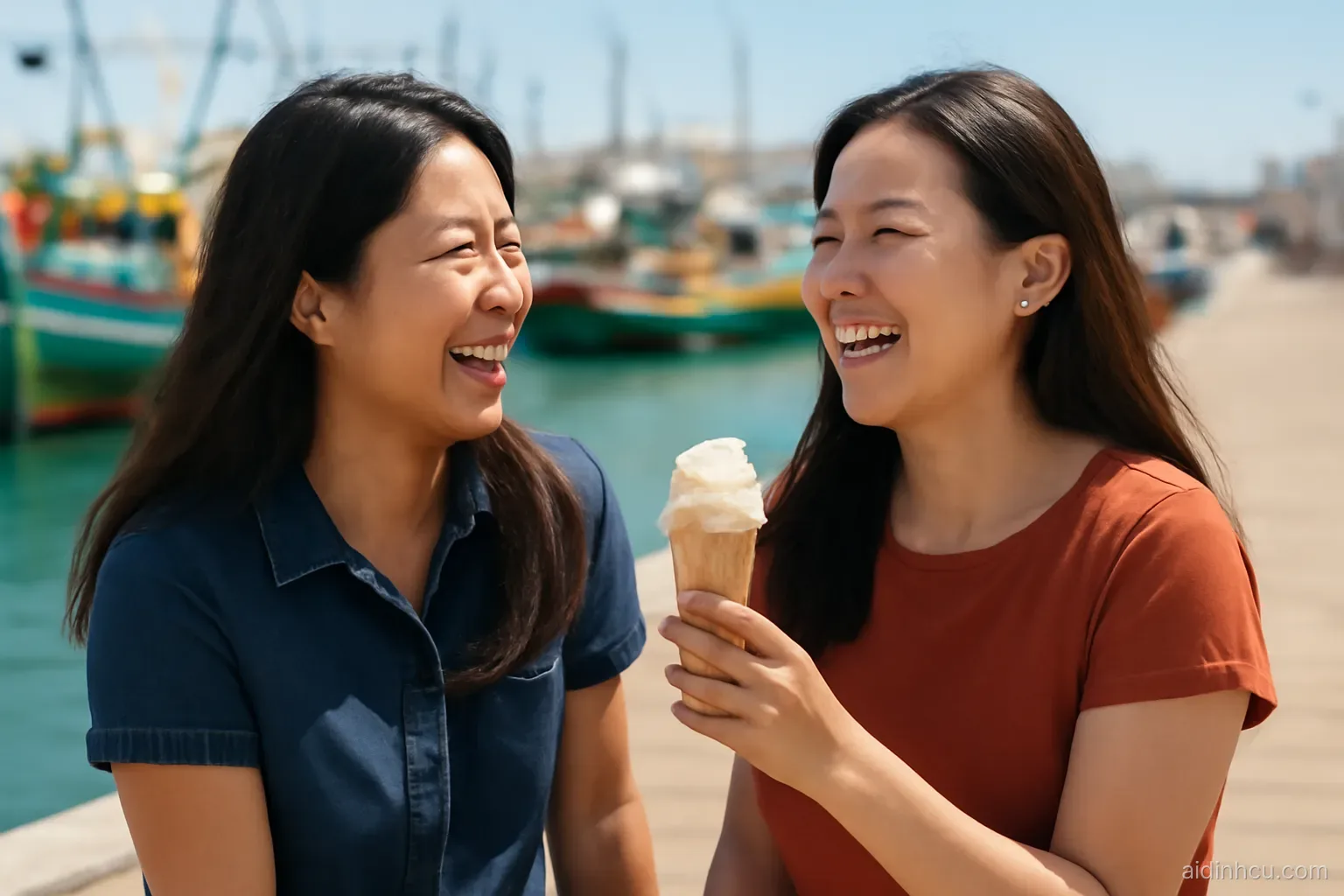 Two Asian sisters in their thirties laughing on a sunny harbor promenade lined with colorful fishing boats, one holding an ice cream, candid side view, bright vivid colors, sunny