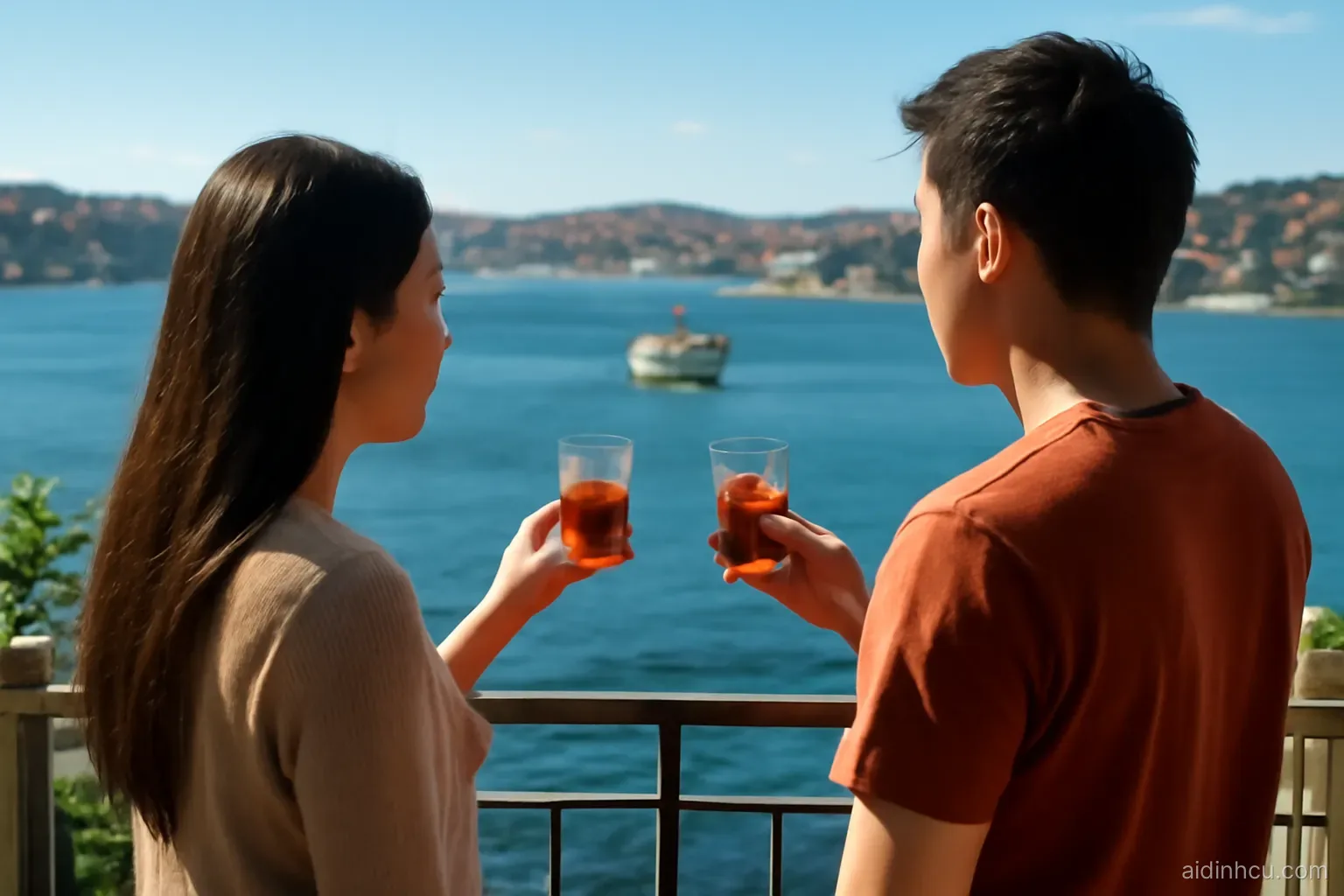 A young Asian couple holding small tulip-shaped tea glasses on a sunny apartment balcony overlooking a wide blue strait with ferries and red-roofed hills, seen from behind, bright vivid colors, sunny