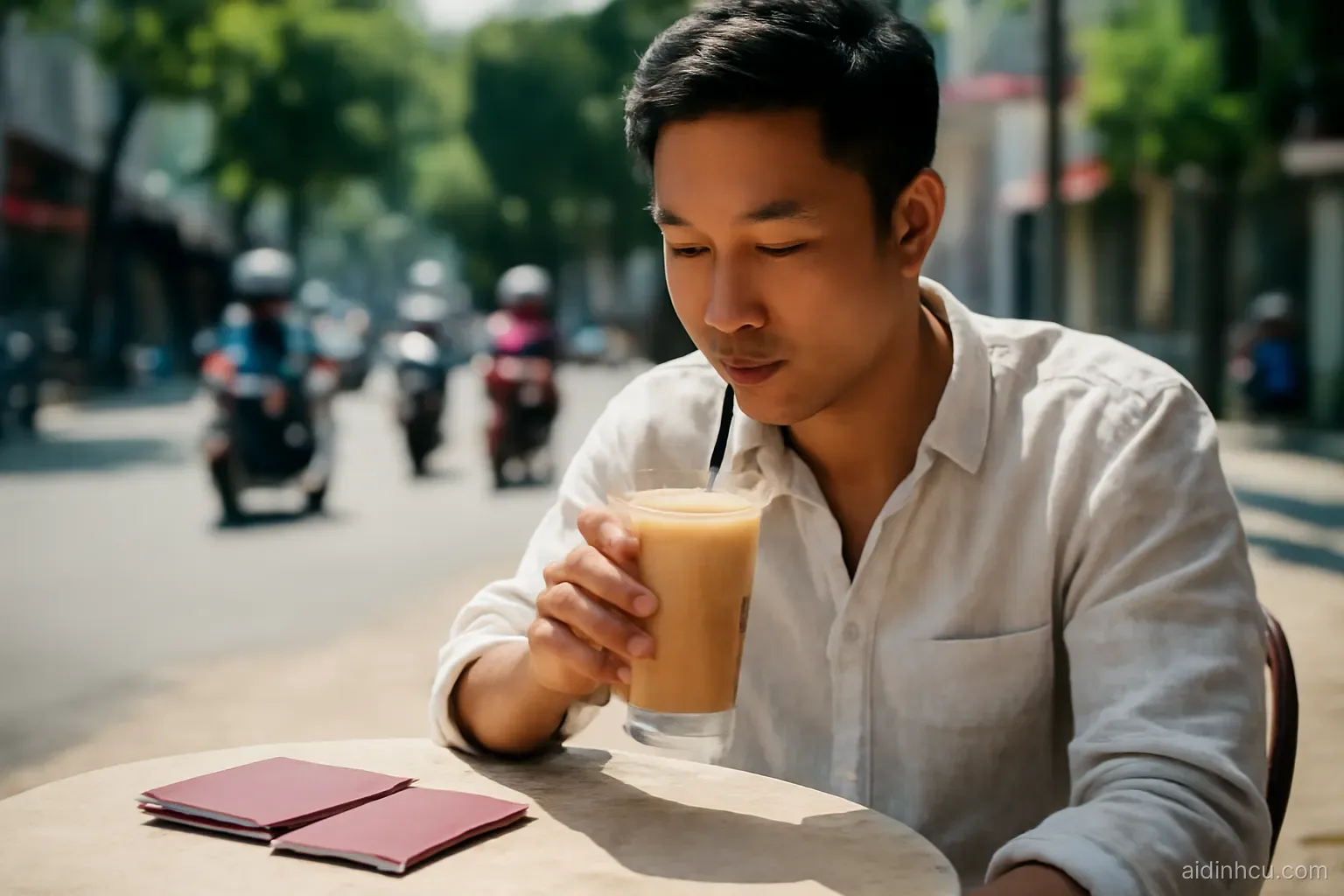 A Vietnamese businessman in a linen shirt sipping iced coffee at a sunny sidewalk cafe in Saigon, motorbikes blurred in the background, two passports resting on the table face down, eye-level shot, bright vivid colors, sunny