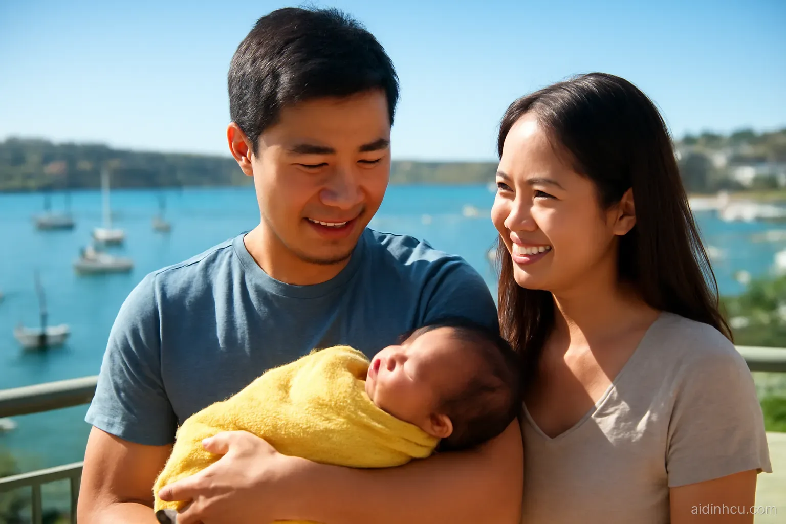 A young Asian father holding a newborn baby wrapped in a yellow blanket on a sunny apartment balcony overlooking a harbor with sailboats, mother smiling beside them, close medium shot, bright vivid colors, sunny
