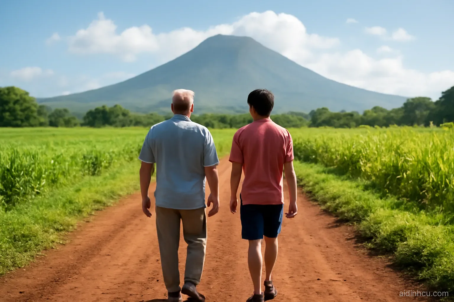 An older Asian grandfather and his teenage grandson walking a red dirt path between green fields toward a misty volcanic mountain on a Caribbean island, wide shot from behind, bright vivid colors, sunny