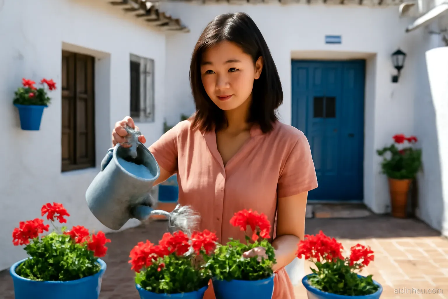 Asian woman watering red geraniums in blue pots in a tiled courtyard of a whitewashed Andalusian village house, medium shot, bright vivid colors, sunny