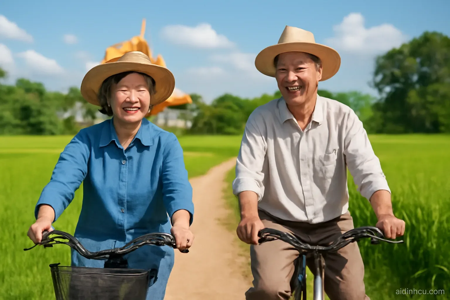 Retired Asian couple in straw hats cycling a country lane between rice fields, golden temple roof far behind, near Chiang Mai, bright vivid colors, sunny
