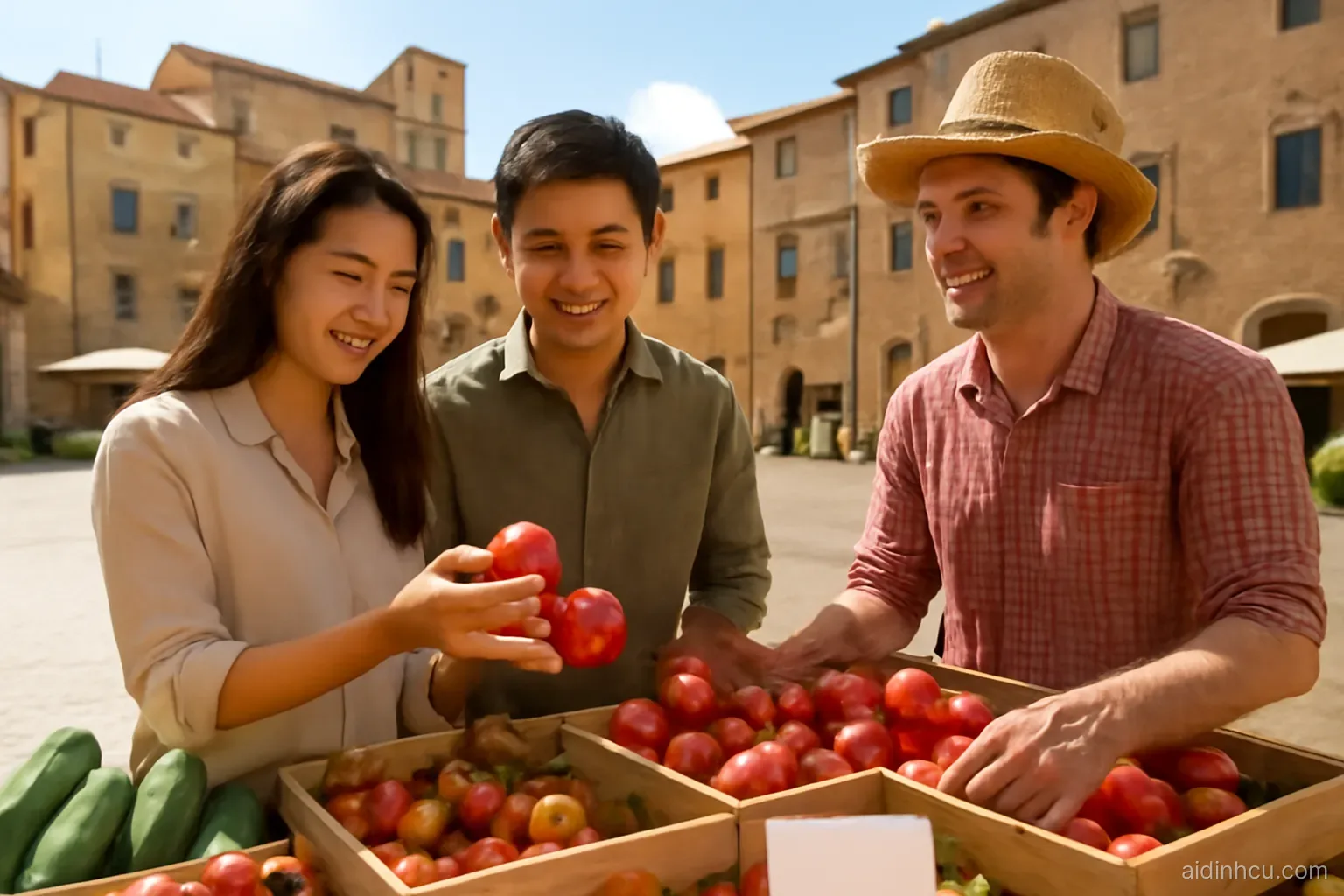Young Asian couple choosing tomatoes at an open-air market in a Tuscan hill-town piazza, smiling vendor, eye-level shot, bright vivid colors, sunny