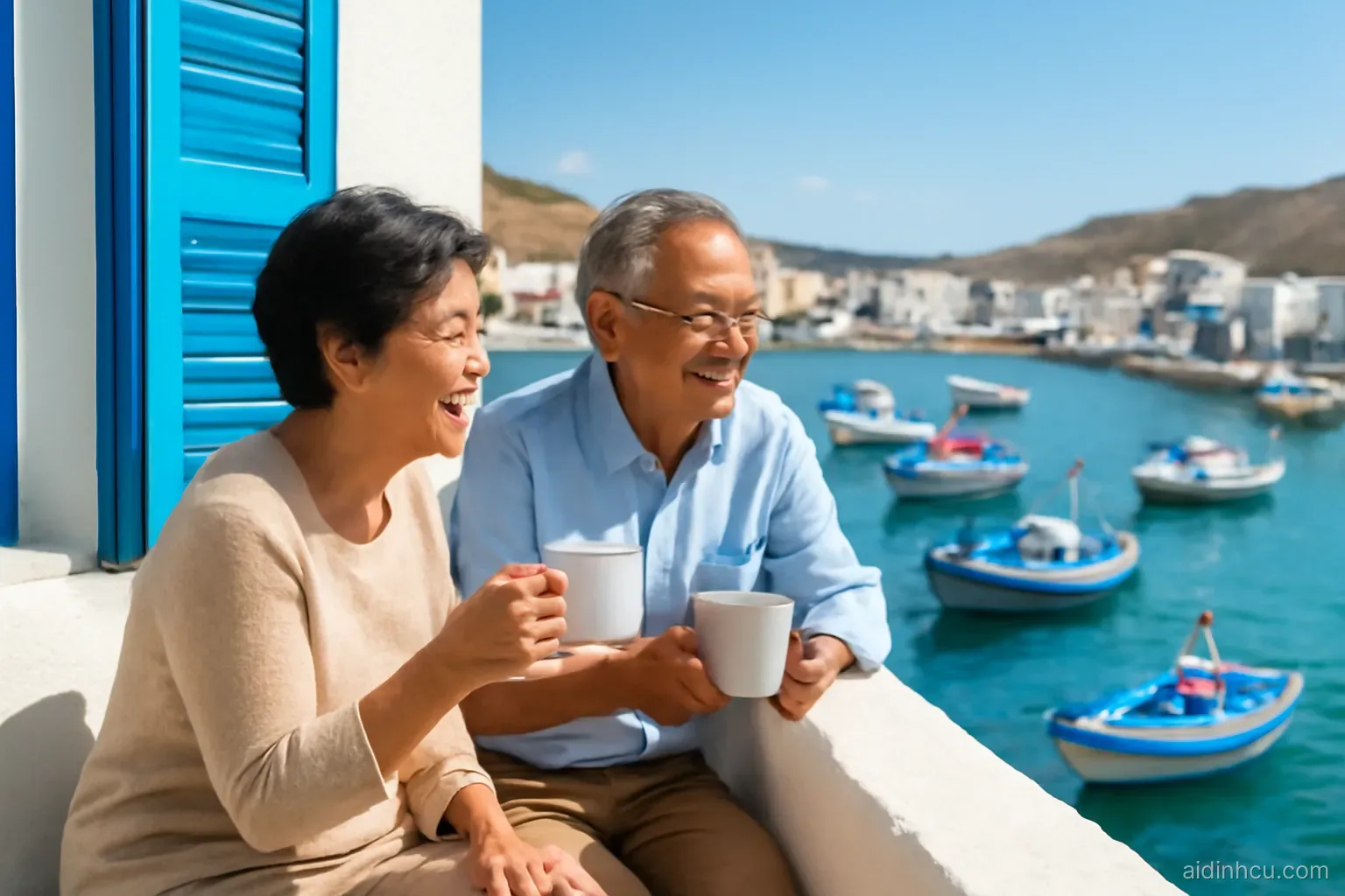 Older Asian couple drinking coffee on a whitewashed balcony with blue shutters above a small Greek fishing harbor, side view, bright vivid colors, sunny