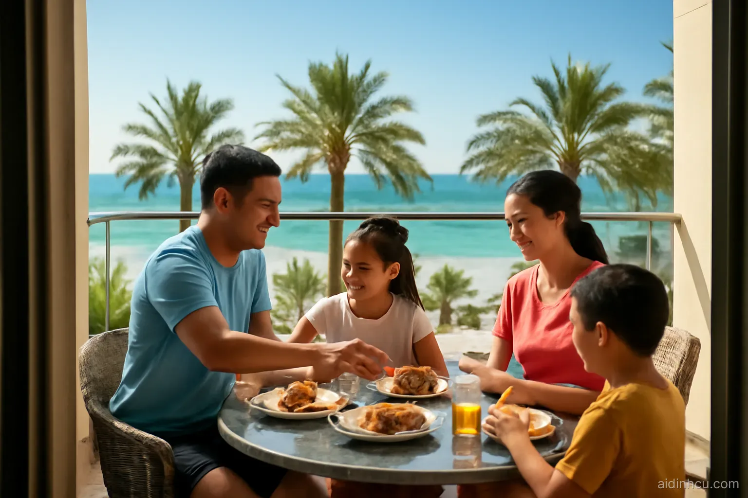Vietnamese family eating breakfast on a seaside apartment terrace in Dubai, palm-lined beach below, shot from the doorway, bright vivid colors, sunny