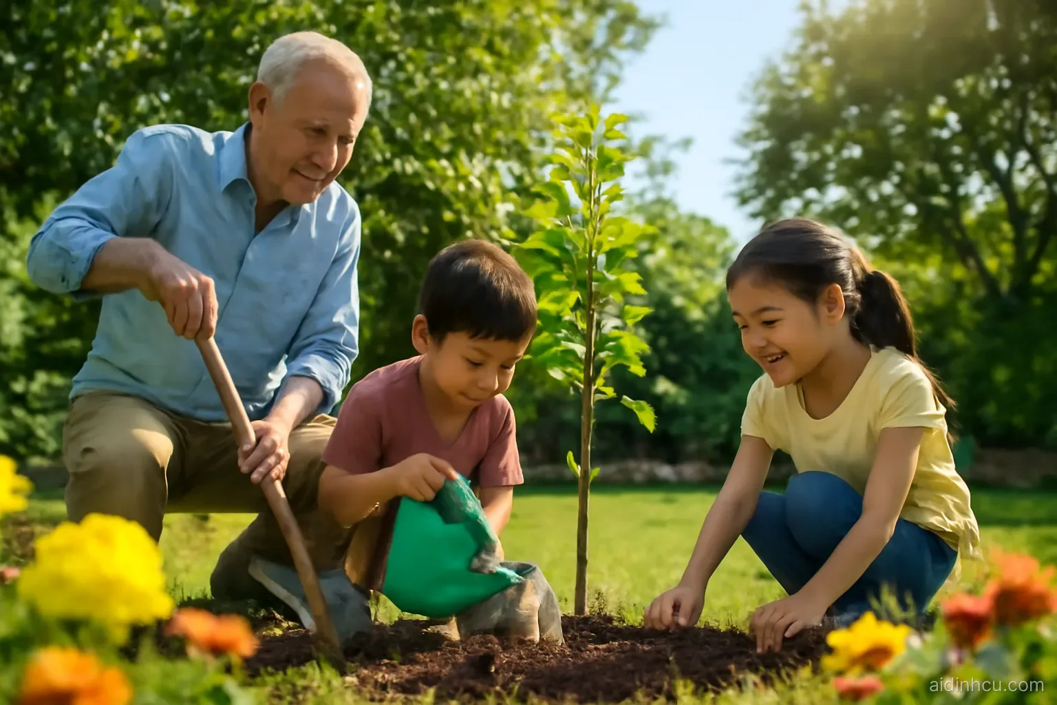 Three generations of an Asian family planting a young tree together in a sunny backyard garden, grandfather holding the shovel, grandchildren watering, low angle shot among flowers, bright vivid colors, sunny