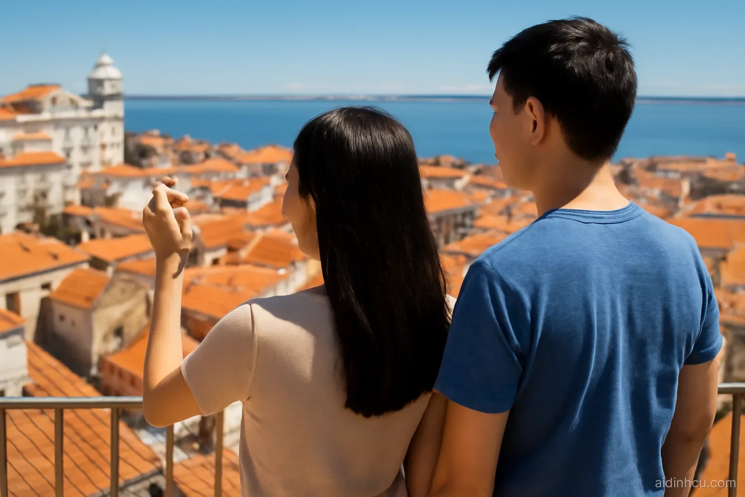 An Asian couple standing on a sunny rooftop terrace in Lisbon looking over terracotta roofs toward the river, the woman holding a set of keys, shot from behind at shoulder height, bright vivid colors, sunny