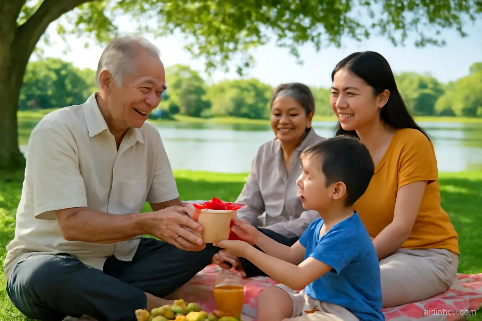 Three generations of a Vietnamese family picnicking on a grassy riverbank under a shade tree, grandfather handing his grandson a gift box, medium shot, bright vivid colors, sunny