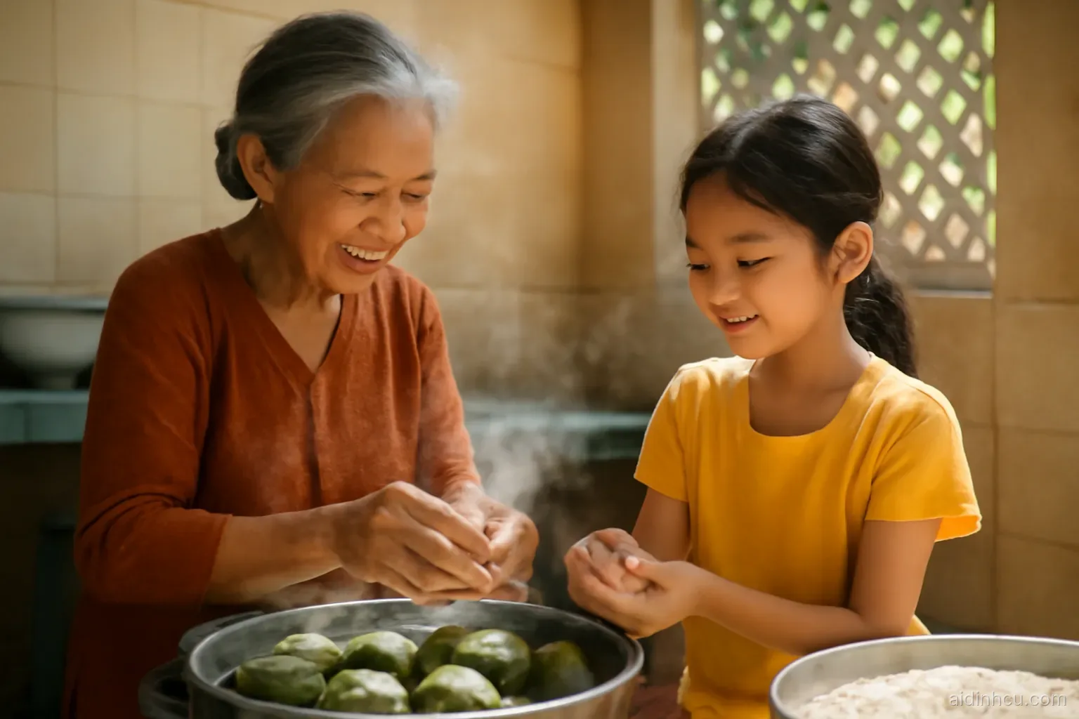 A Vietnamese grandmother teaching her granddaughter to make rice cakes in a bright tiled courtyard kitchen, steam rising, sunlight through a lattice, close medium shot, bright vivid colors, sunny