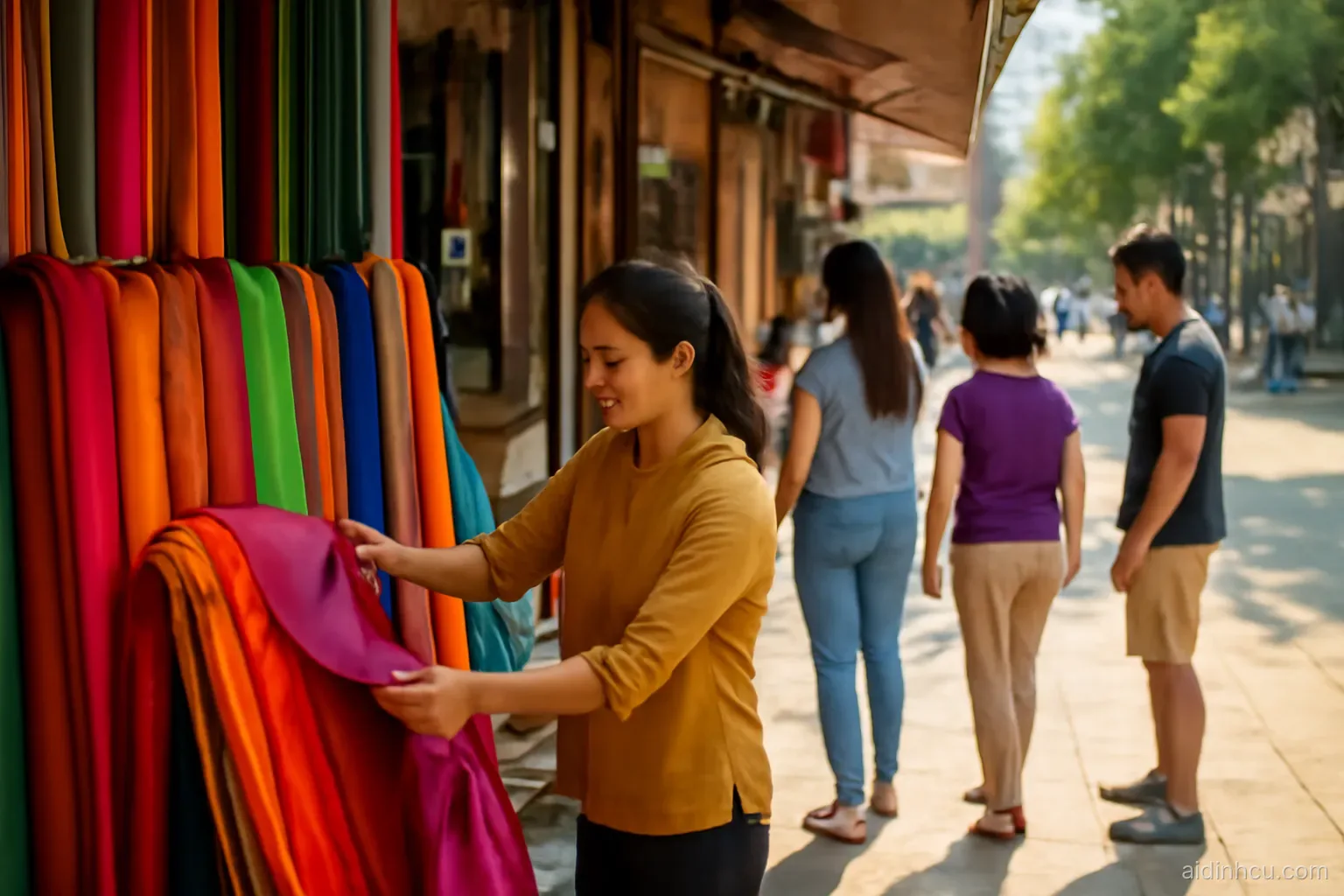 A Vietnamese woman arranging bolts of colorful silk fabric in her open-front shop on a busy street, customers browsing, wide sidewalk angle, bright vivid colors, sunny