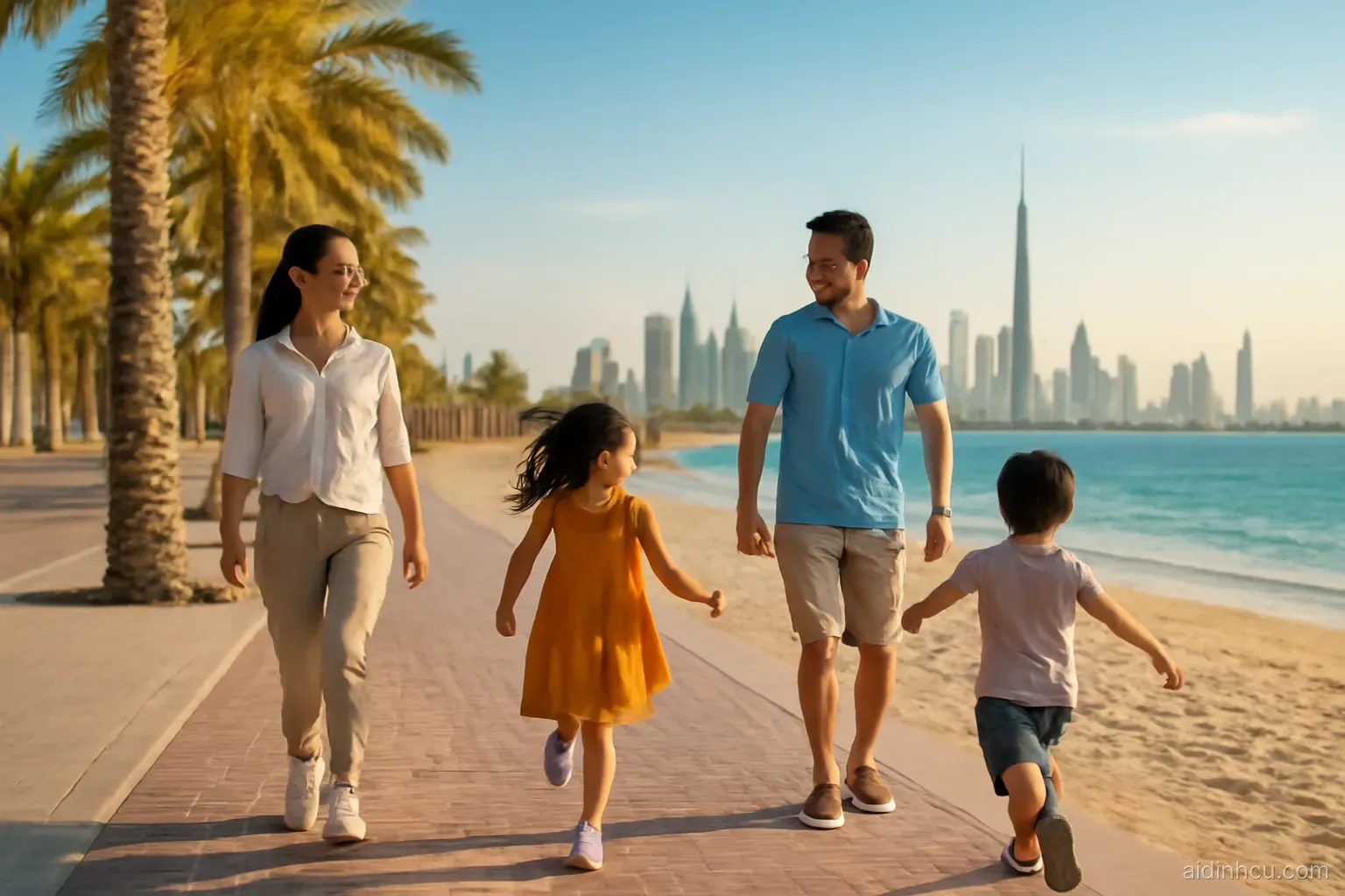 An Asian family of four strolling along a sunny palm-lined beach promenade in Dubai at golden hour, kids running toward the sea, modern towers far in the distance, wide shot, bright vivid colors, sunny
