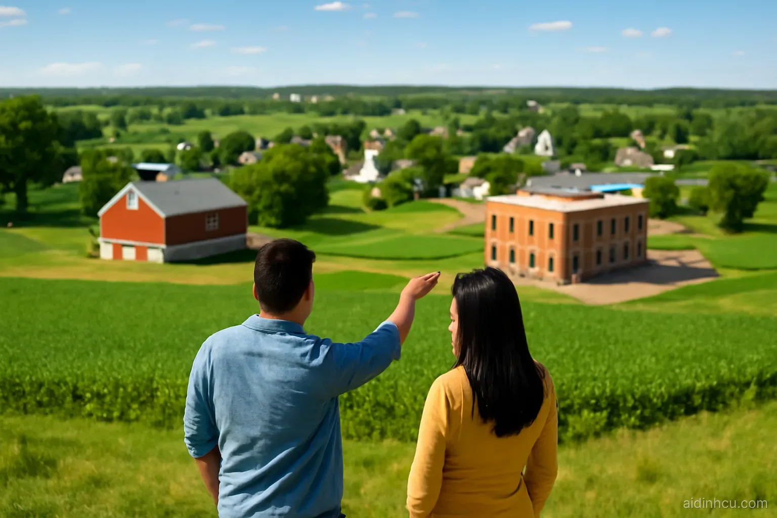 Wide aerial-style view from a hillside of a small American farm town with red barns, green cornfields and a new brick building under construction, a Vietnamese couple pointing from the foreground, bright vivid colors, sunny